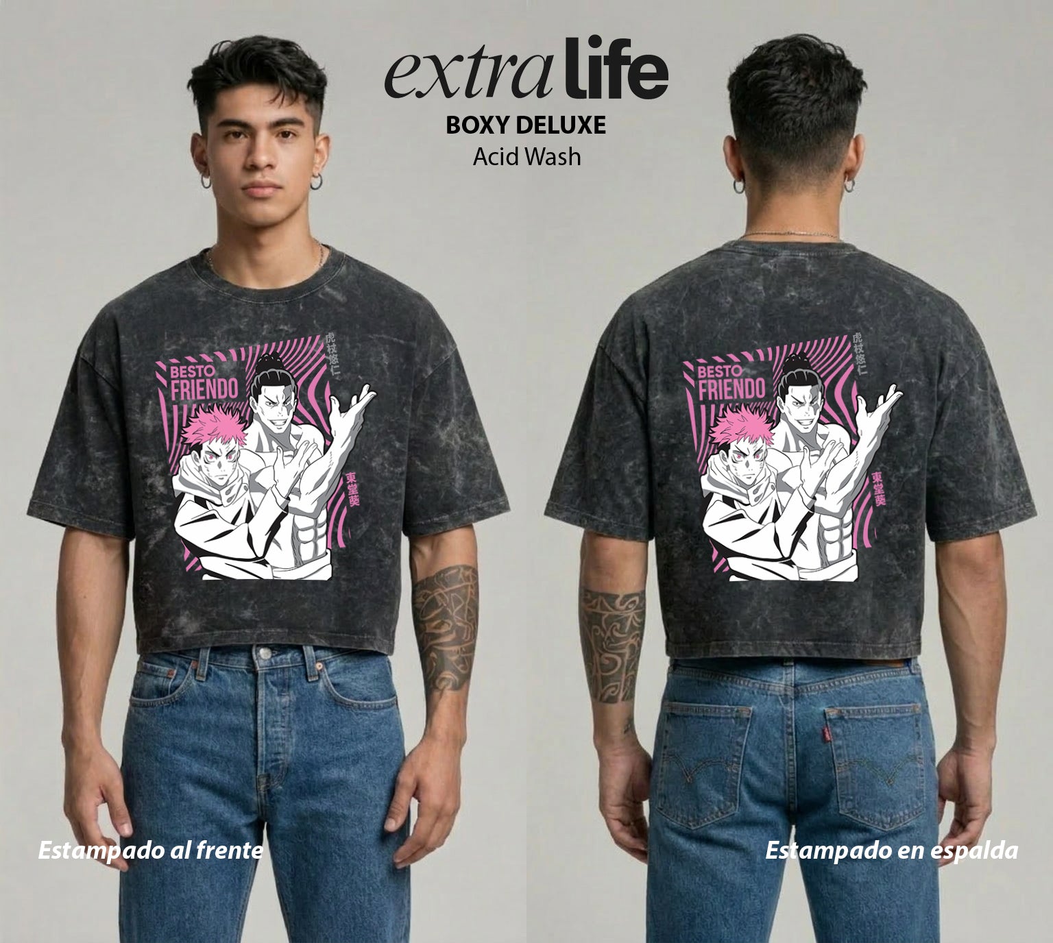 Playera streetwear premium de anime y gaming ExtraLife MX, corte boxy deluxe mineral wash heavyweight en color Acid Wash, moda urbana mexicana de culto.