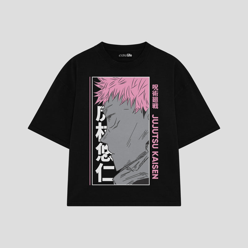 Playera streetwear premium de anime y gaming ExtraLife MX, corte boxy oversized drop shoulder heavyweight en color Deep Black y Off-White, moda urbana mexicana de culto.