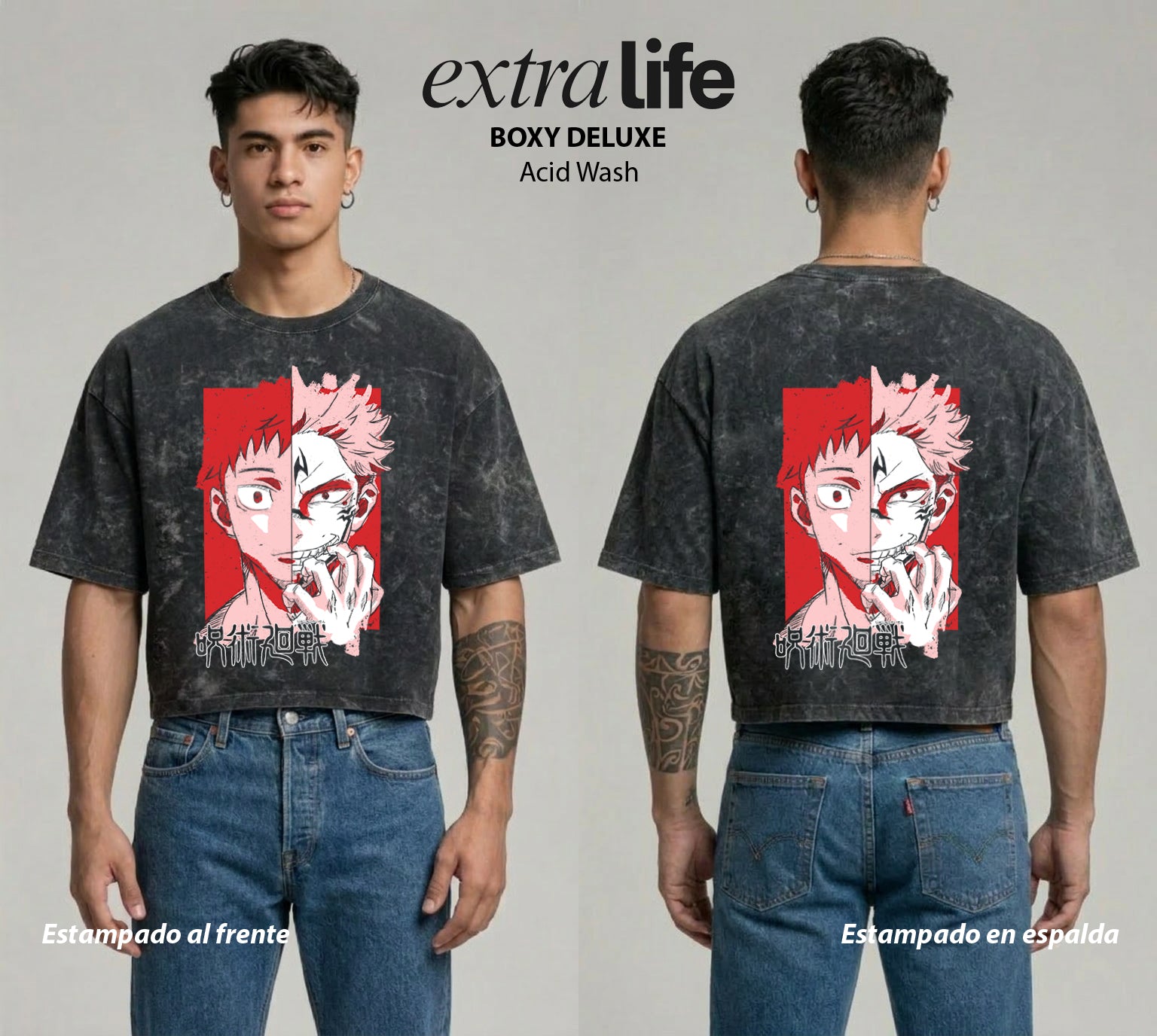 Playera streetwear premium de anime y gaming ExtraLife MX, corte boxy deluxe mineral wash heavyweight en color Acid Wash, moda urbana mexicana de culto.