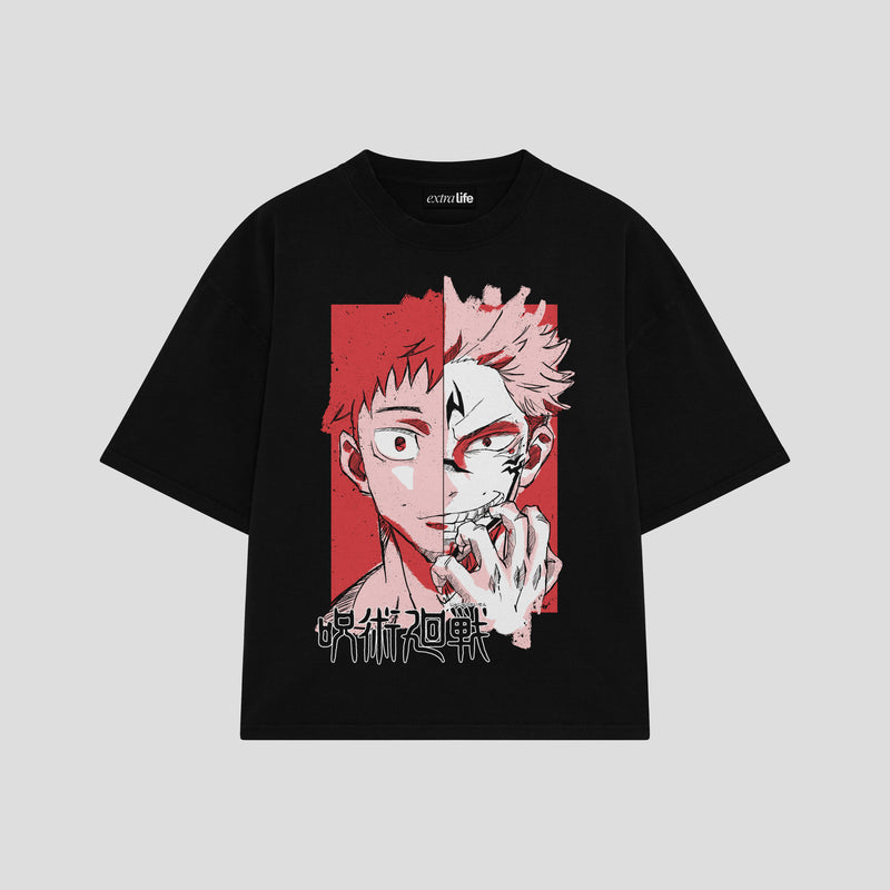 Playera streetwear premium de anime y gaming ExtraLife MX, corte boxy oversized drop shoulder heavyweight en color Deep Black y Off-White, moda urbana mexicana de culto.