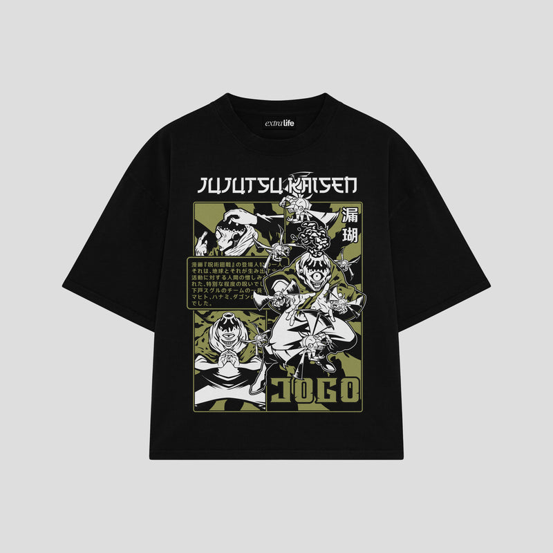Playera streetwear premium de anime y gaming ExtraLife MX, corte boxy oversized drop shoulder heavyweight en color Deep Black y Off-White, moda urbana mexicana de culto.