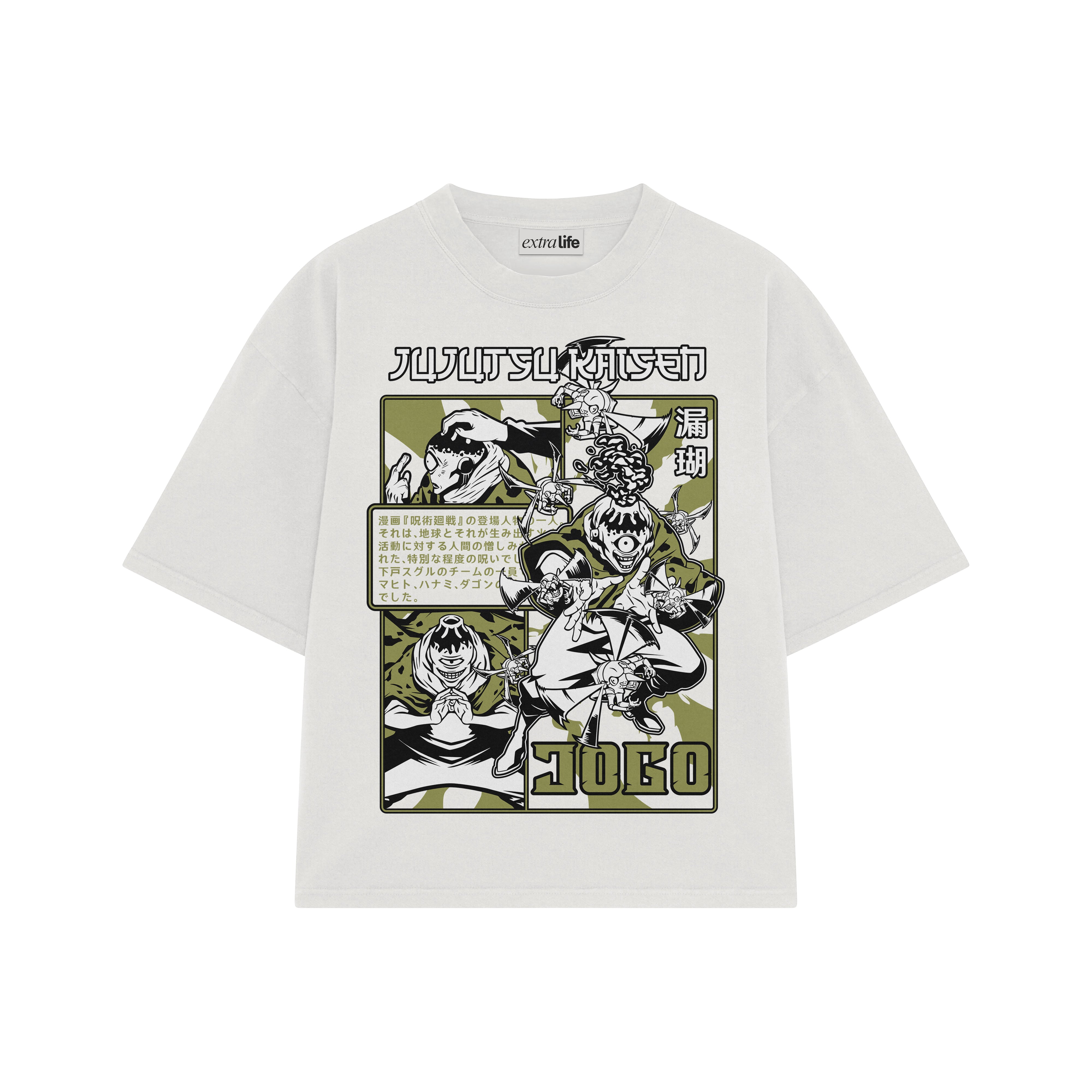 Playera streetwear premium de anime y gaming ExtraLife MX, corte boxy oversized drop shoulder heavyweight en color Deep Black y Off-White, moda urbana mexicana de culto.