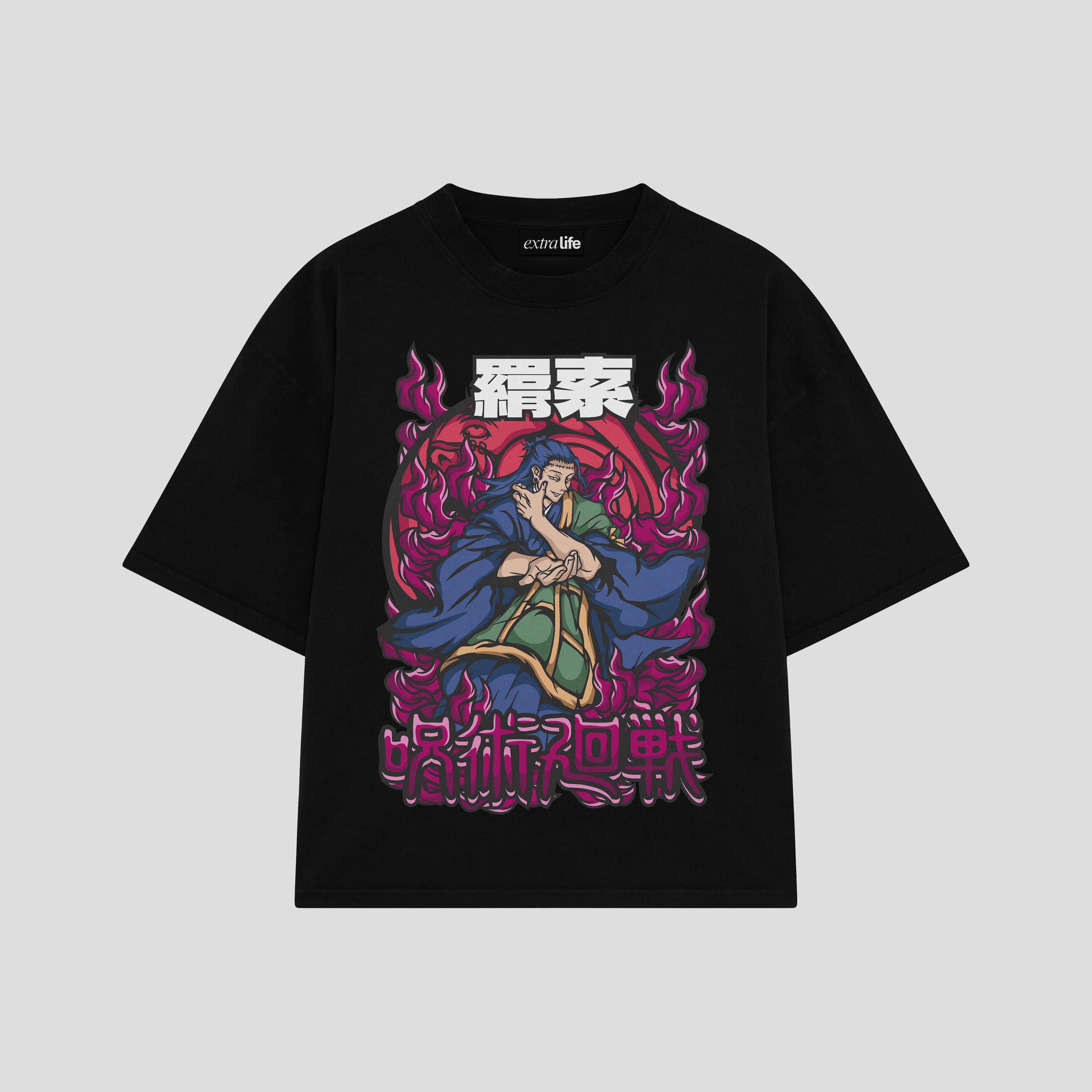 Playera streetwear premium de anime y gaming ExtraLife MX, corte boxy oversized drop shoulder heavyweight en color Deep Black y Off-White, moda urbana mexicana de culto.