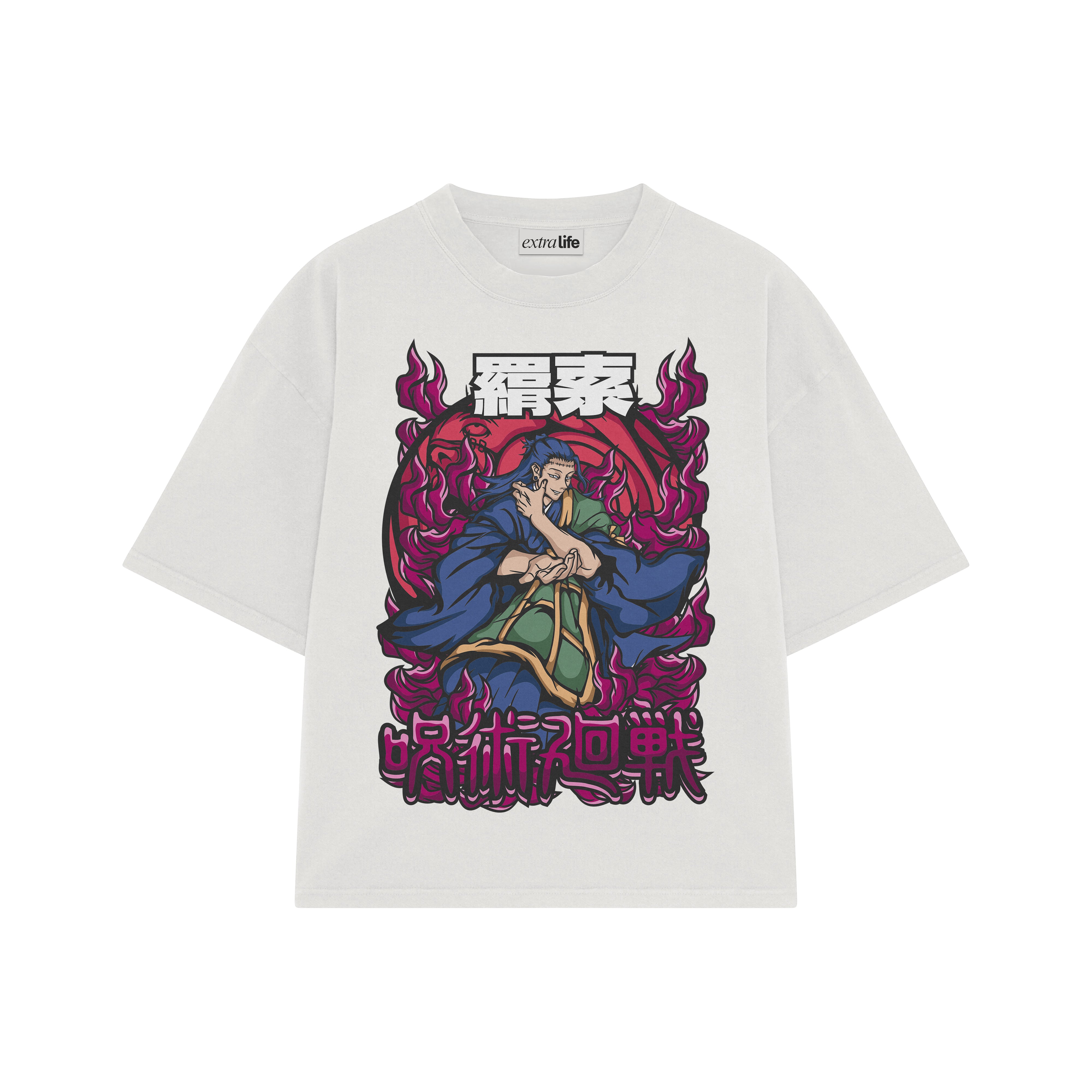Playera streetwear premium de anime y gaming ExtraLife MX, corte boxy oversized drop shoulder heavyweight en color Deep Black y Off-White, moda urbana mexicana de culto.