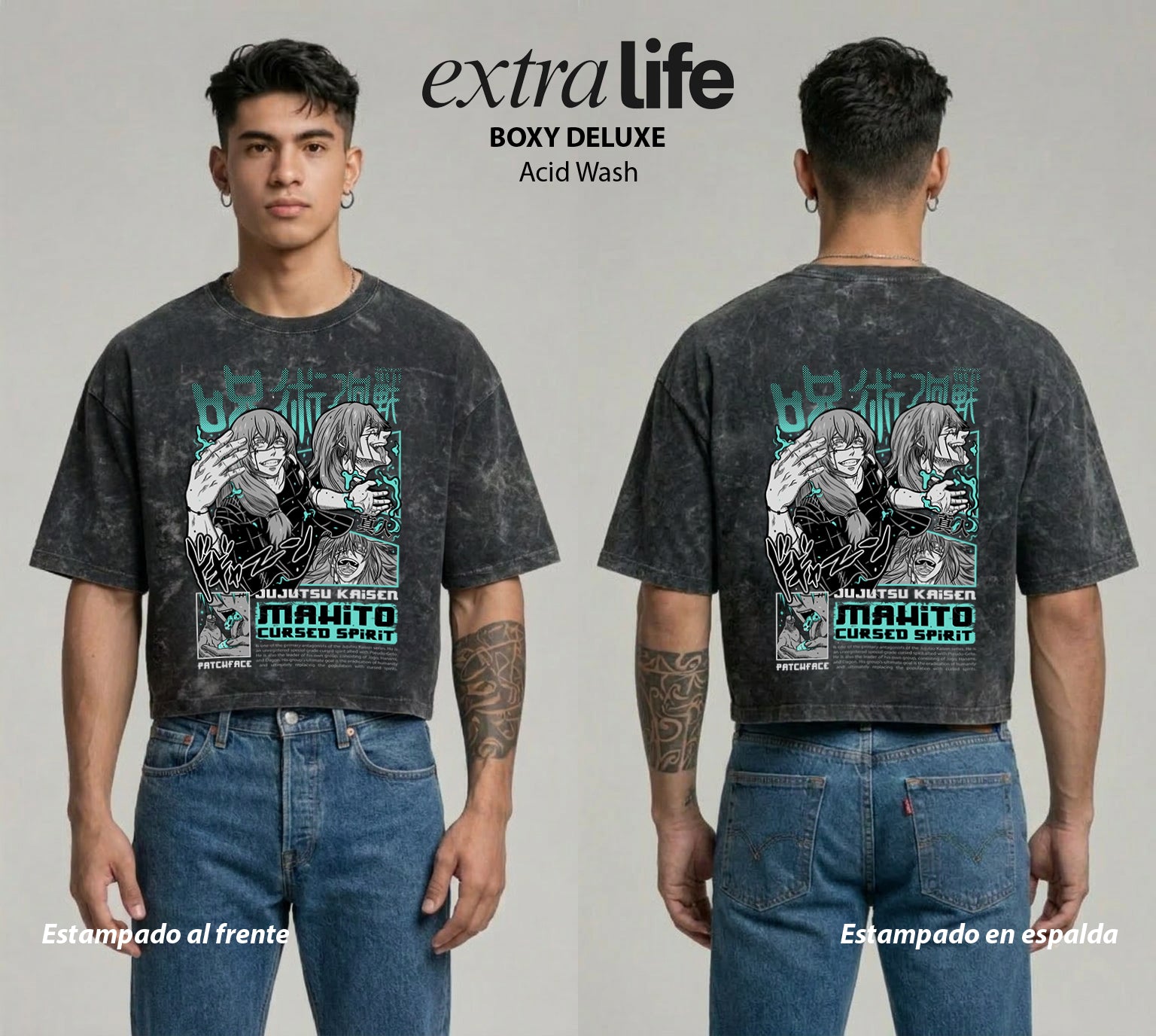Playera streetwear premium de anime y gaming ExtraLife MX, corte boxy deluxe mineral wash heavyweight en color Acid Wash, moda urbana mexicana de culto.
