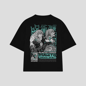 Playera streetwear premium de anime y gaming ExtraLife MX, corte boxy oversized drop shoulder heavyweight en color Deep Black y Off-White, moda urbana mexicana de culto.