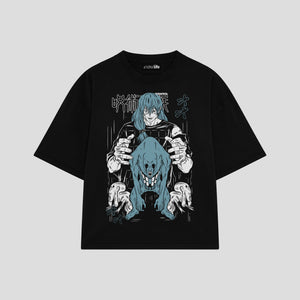 Playera streetwear premium de anime y gaming ExtraLife MX, corte boxy oversized drop shoulder heavyweight en color Deep Black y Off-White, moda urbana mexicana de culto.