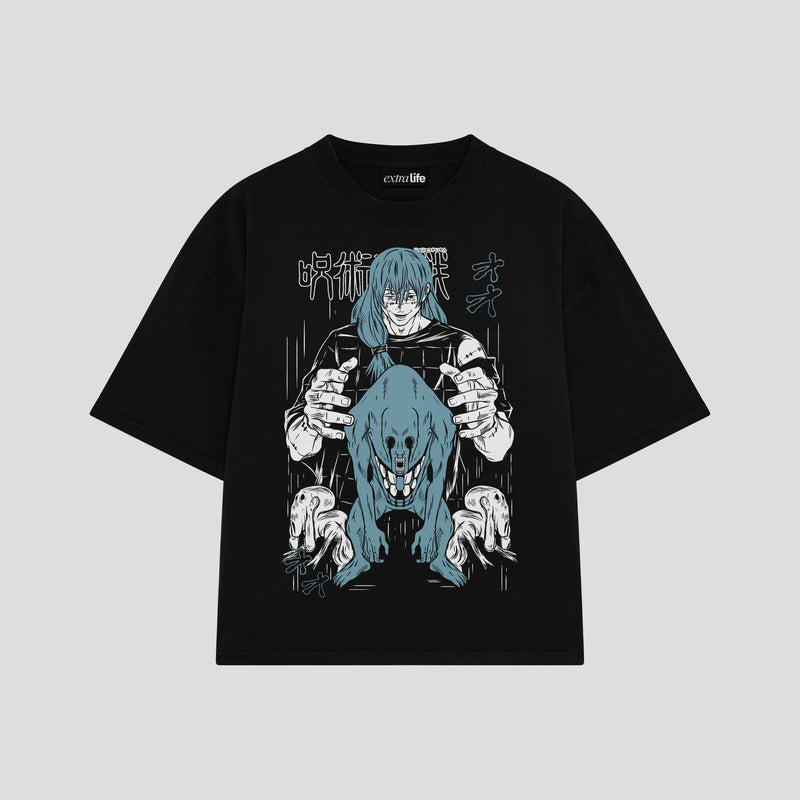 Playera streetwear premium de anime y gaming ExtraLife MX, corte boxy oversized drop shoulder heavyweight en color Deep Black y Off-White, moda urbana mexicana de culto.