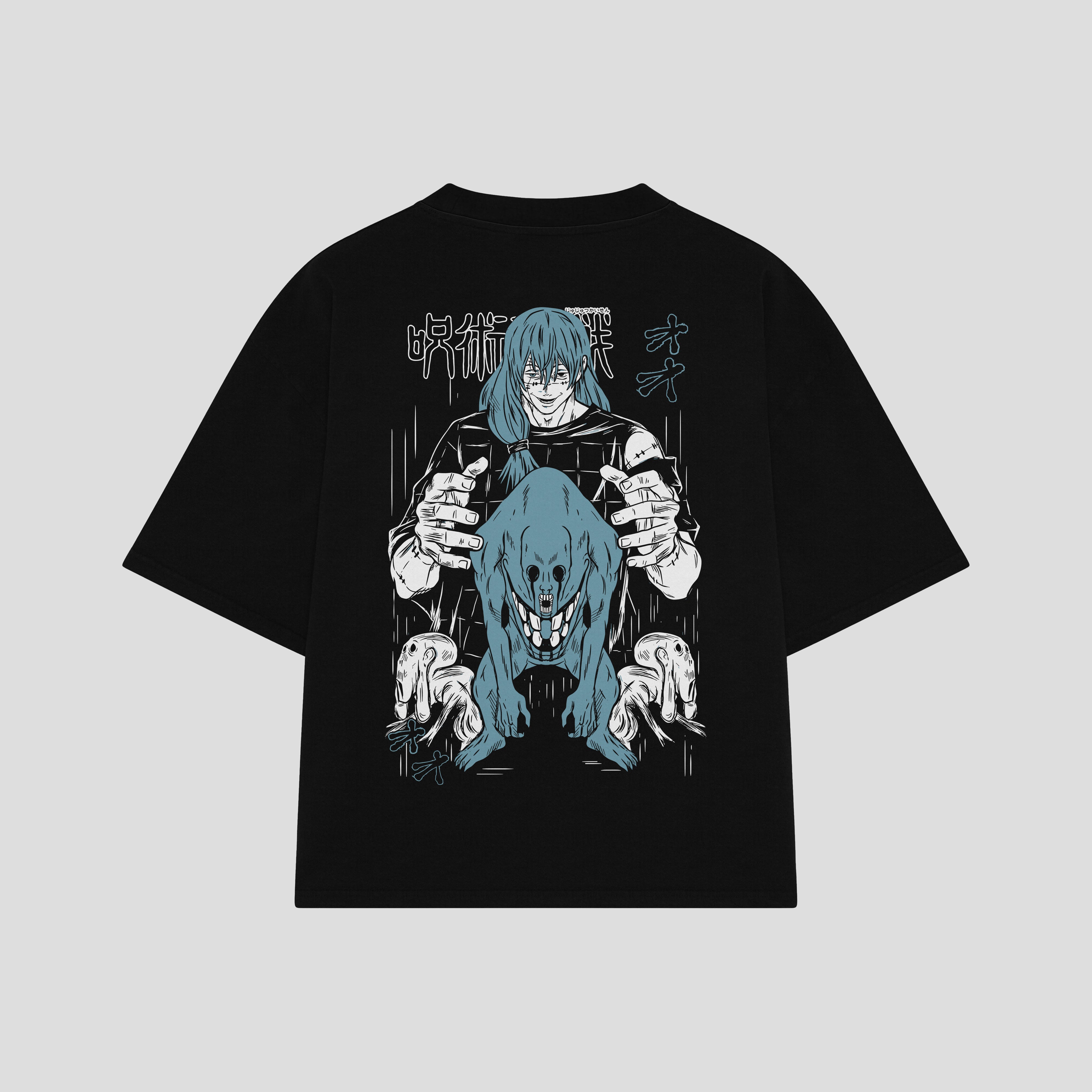 Playera streetwear premium de anime y gaming ExtraLife MX, corte boxy oversized drop shoulder heavyweight en color Deep Black y Off-White, moda urbana mexicana de culto.