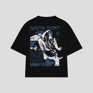 Playera streetwear premium de anime y gaming ExtraLife MX, corte boxy oversized drop shoulder heavyweight en color Deep Black y Off-White, moda urbana mexicana de culto.