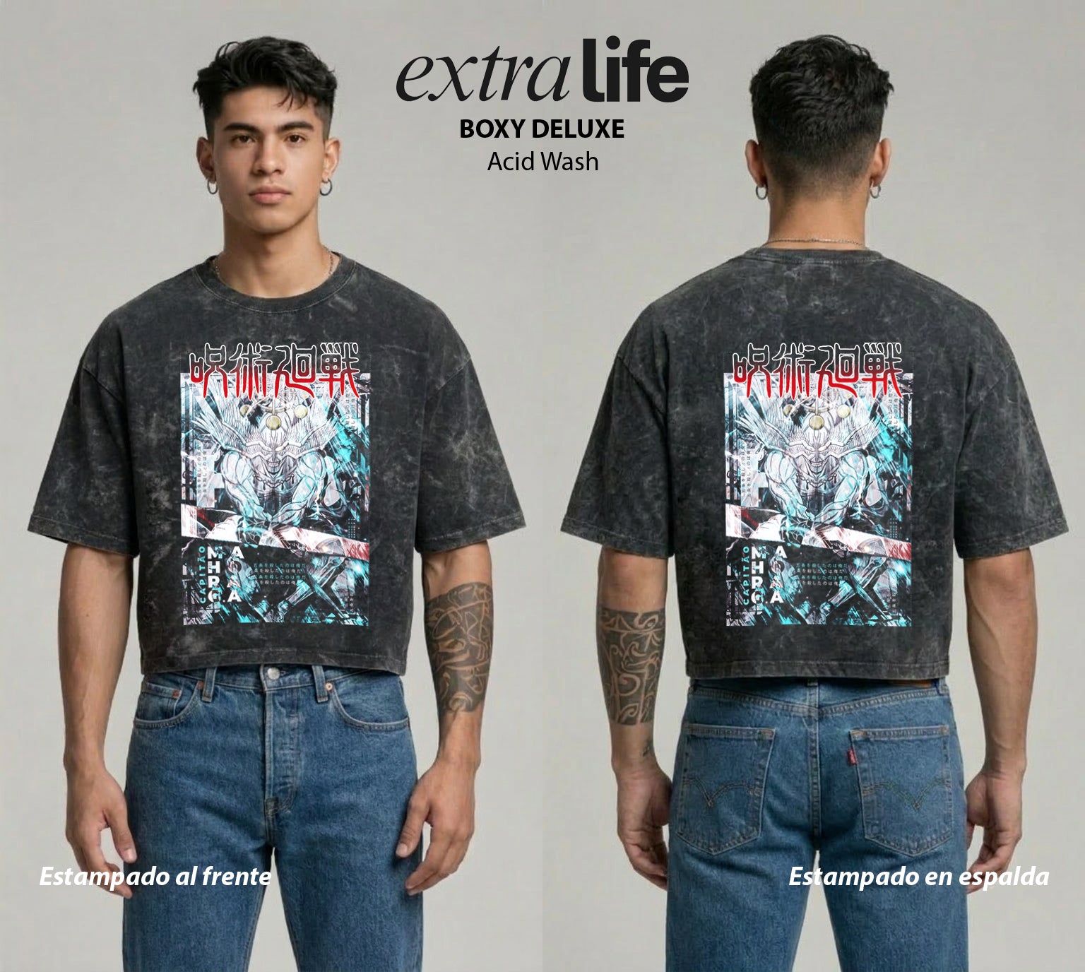 Playera streetwear premium de anime y gaming ExtraLife MX, corte boxy deluxe mineral wash heavyweight en color Acid Wash, moda urbana mexicana de culto.