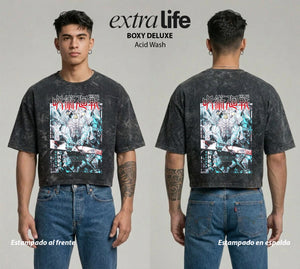 Playera streetwear premium de anime y gaming ExtraLife MX, corte boxy deluxe mineral wash heavyweight en color Acid Wash, moda urbana mexicana de culto.