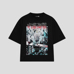 Playera streetwear premium de anime y gaming ExtraLife MX, corte boxy oversized drop shoulder heavyweight en color Deep Black y Off-White, moda urbana mexicana de culto.