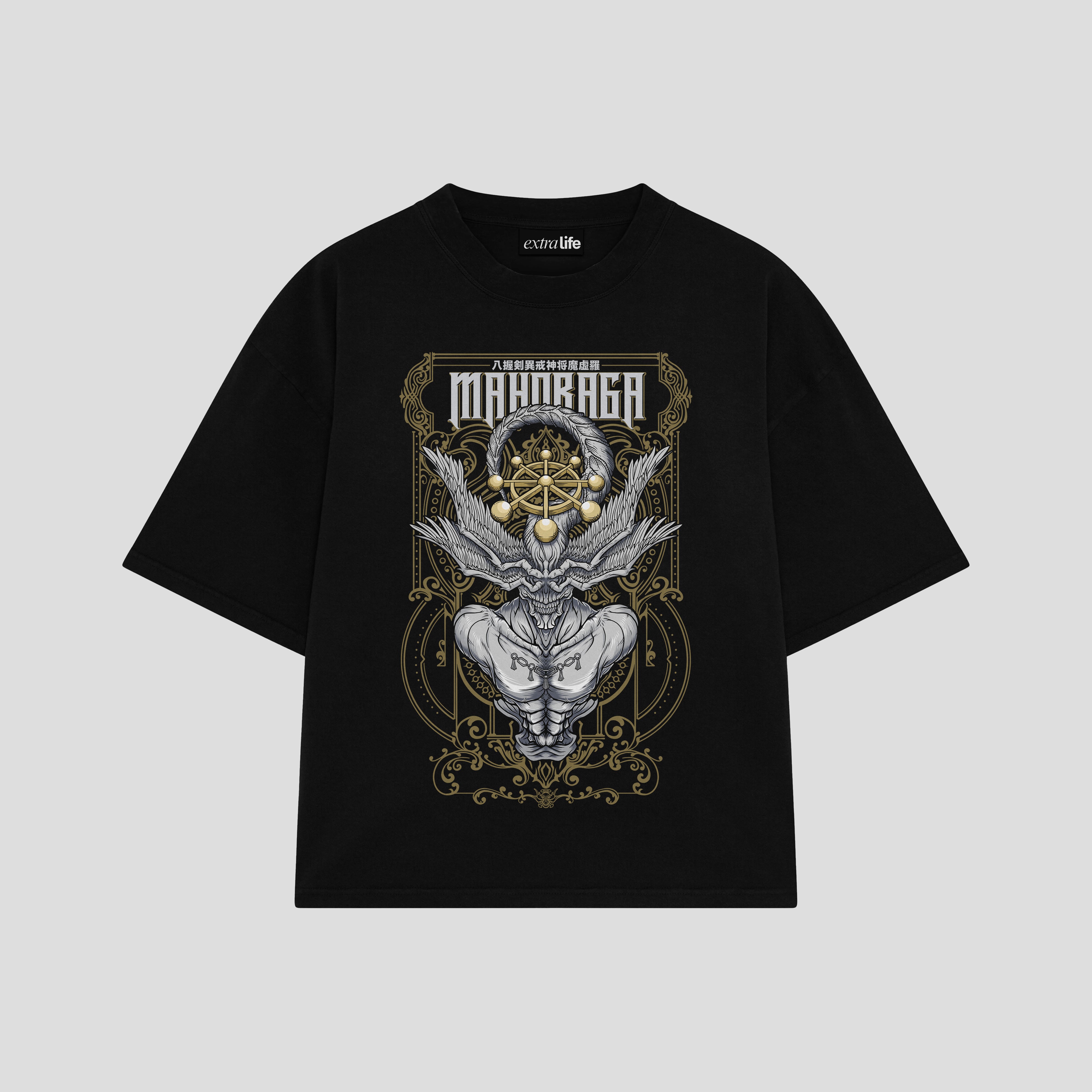 Playera streetwear premium de anime y gaming ExtraLife MX, corte boxy oversized drop shoulder heavyweight en color Deep Black y Off-White, moda urbana mexicana de culto.