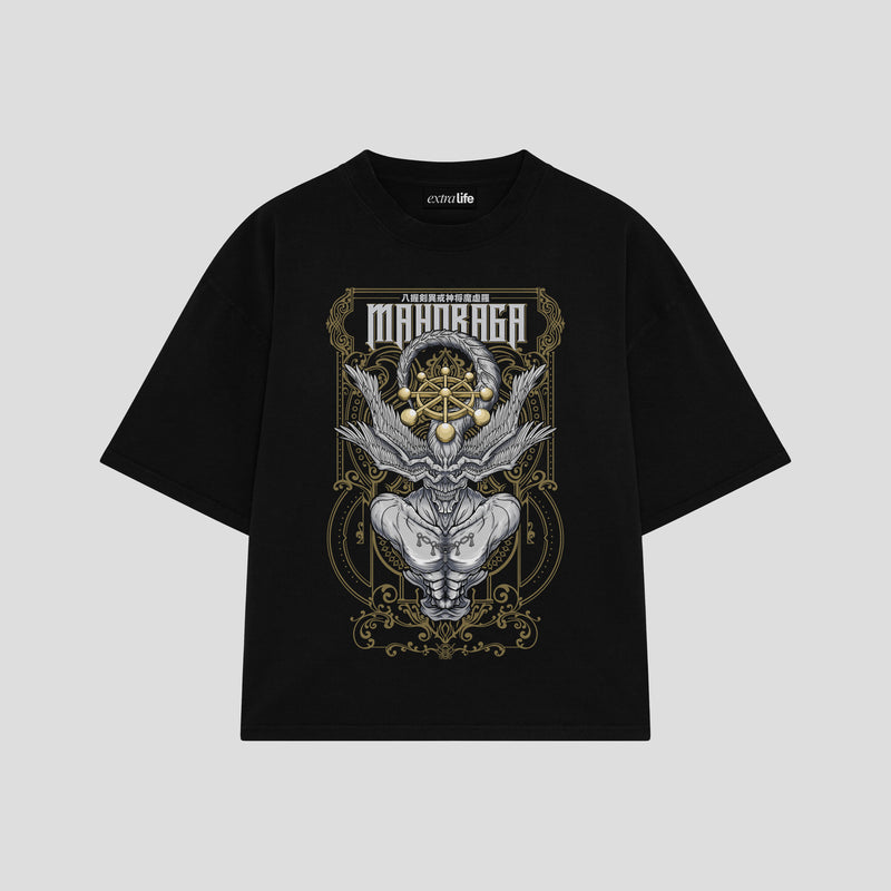 Playera streetwear premium de anime y gaming ExtraLife MX, corte boxy oversized drop shoulder heavyweight en color Deep Black y Off-White, moda urbana mexicana de culto.