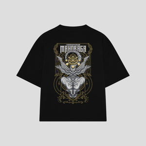 Playera streetwear premium de anime y gaming ExtraLife MX, corte boxy oversized drop shoulder heavyweight en color Deep Black y Off-White, moda urbana mexicana de culto.