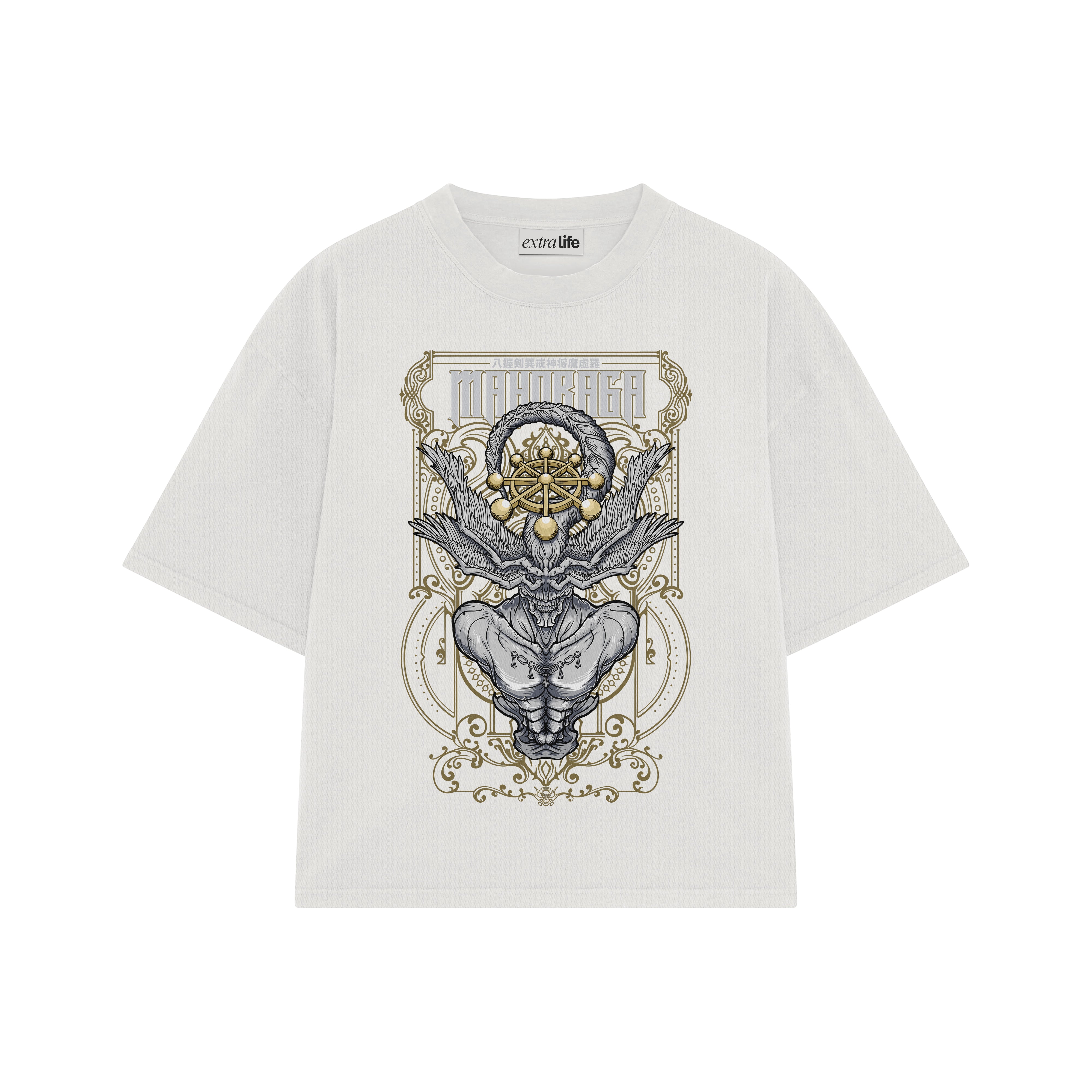 Playera streetwear premium de anime y gaming ExtraLife MX, corte boxy oversized drop shoulder heavyweight en color Deep Black y Off-White, moda urbana mexicana de culto.