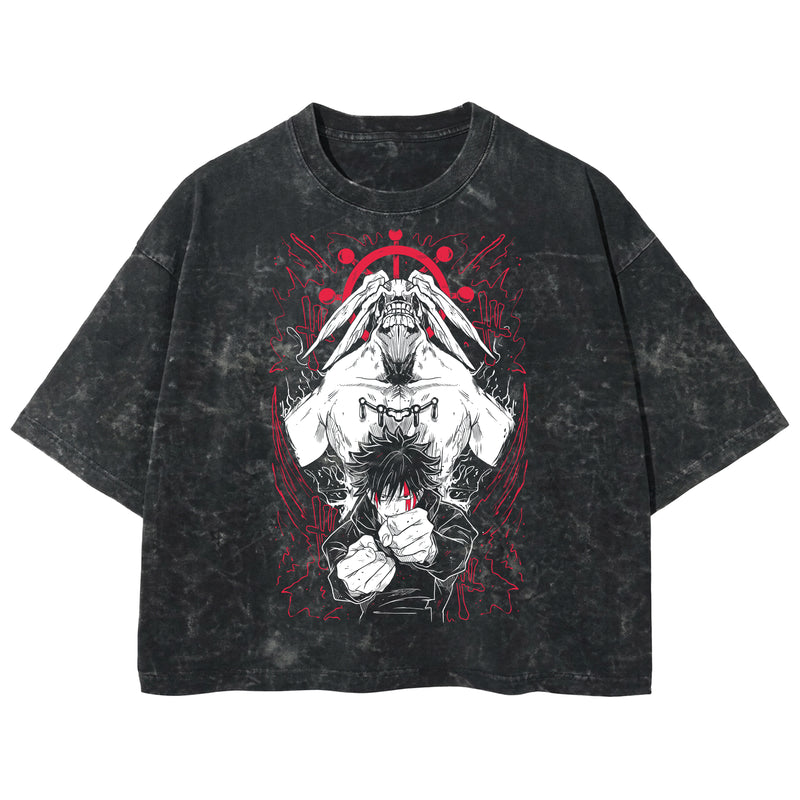 Playera streetwear premium de anime y gaming ExtraLife MX, corte boxy deluxe mineral wash heavyweight en color Acid Wash, moda urbana mexicana de culto.