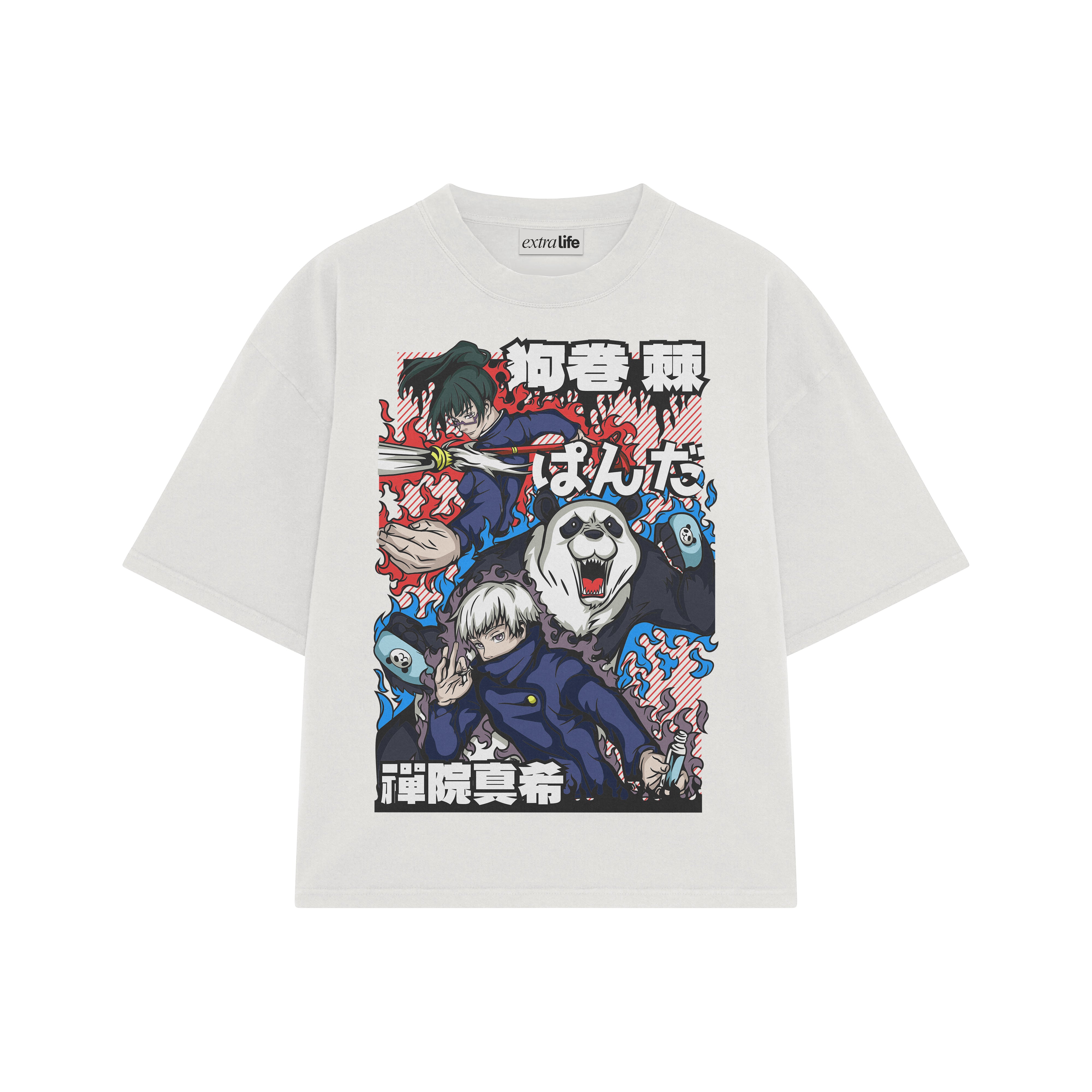 Playera streetwear premium de anime y gaming ExtraLife MX, corte boxy oversized drop shoulder heavyweight en color Deep Black y Off-White, moda urbana mexicana de culto.