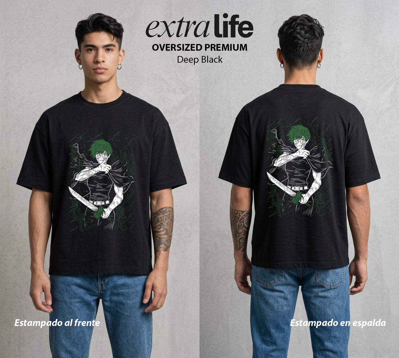 El Arte de las Maldiciones | Fuerza sin Magia #01878 - Playera Oversized Premium | Deep Black - Foto en modelo