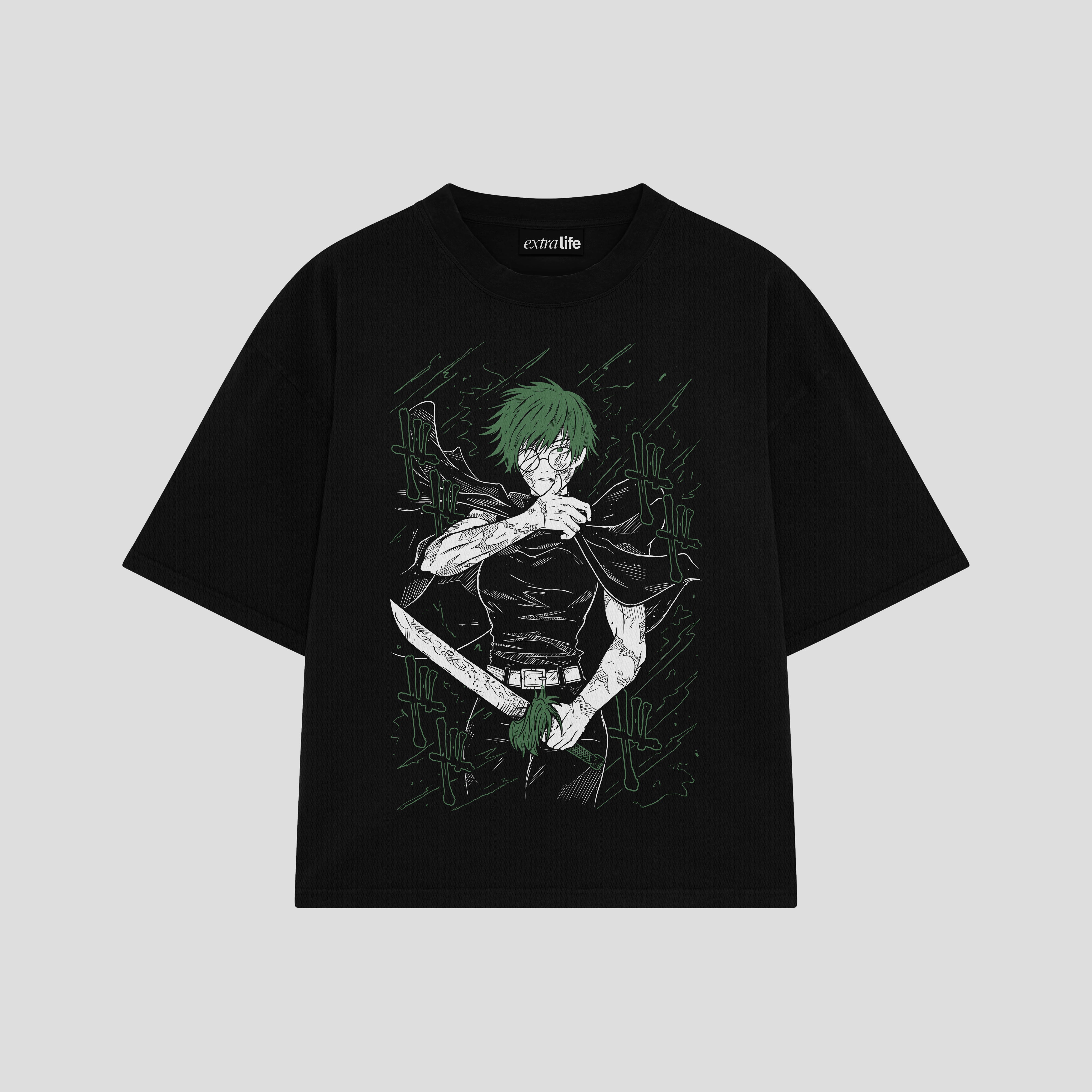 Playera streetwear premium de anime y gaming ExtraLife MX, corte boxy oversized drop shoulder heavyweight en color Deep Black y Off-White, moda urbana mexicana de culto.