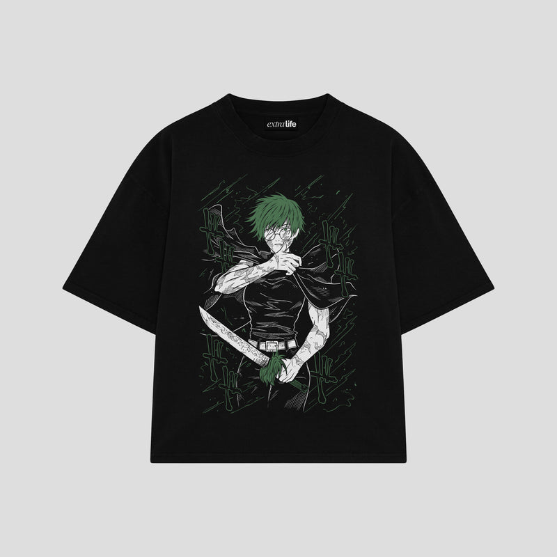 Playera streetwear premium de anime y gaming ExtraLife MX, corte boxy oversized drop shoulder heavyweight en color Deep Black y Off-White, moda urbana mexicana de culto.