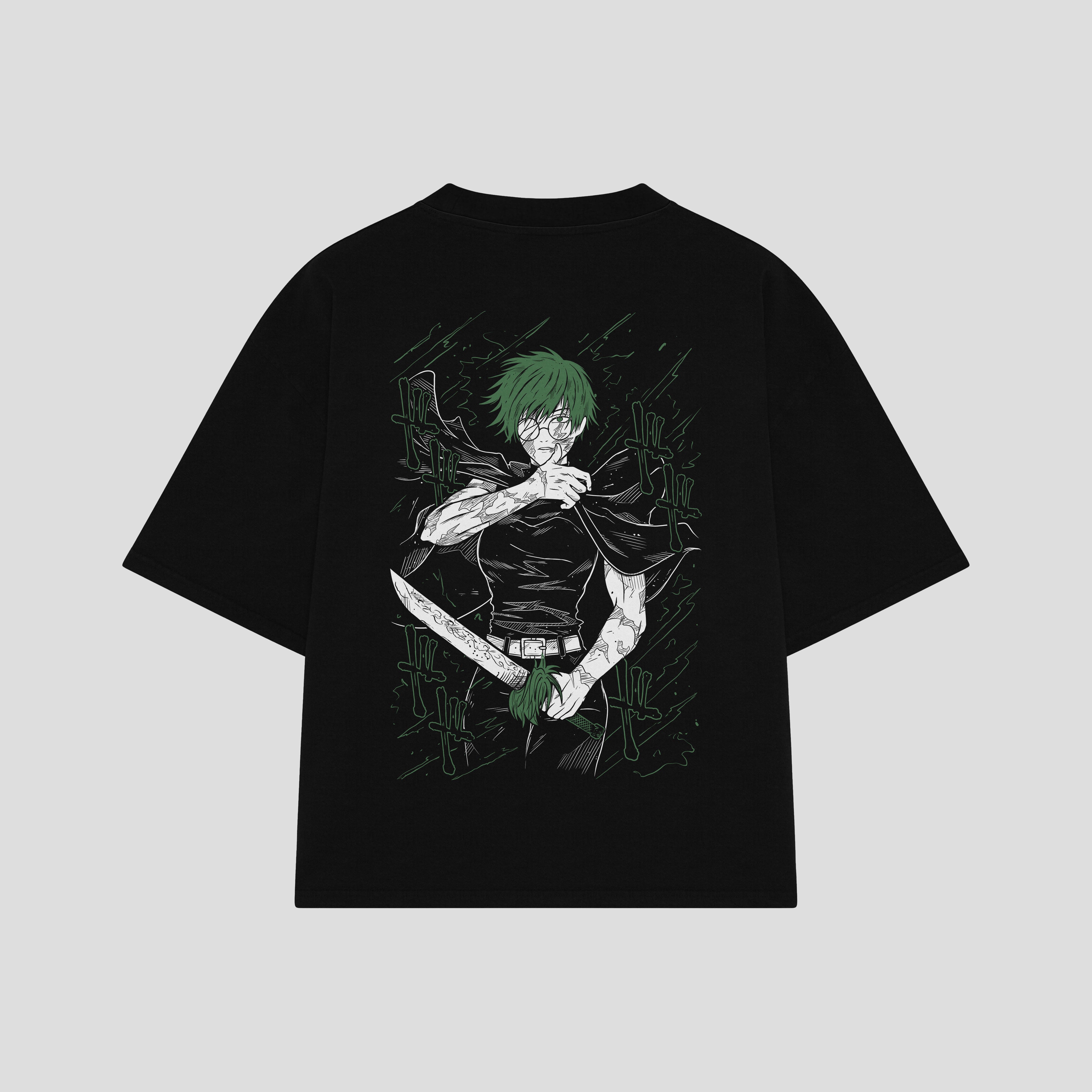 Playera streetwear premium de anime y gaming ExtraLife MX, corte boxy oversized drop shoulder heavyweight en color Deep Black y Off-White, moda urbana mexicana de culto.