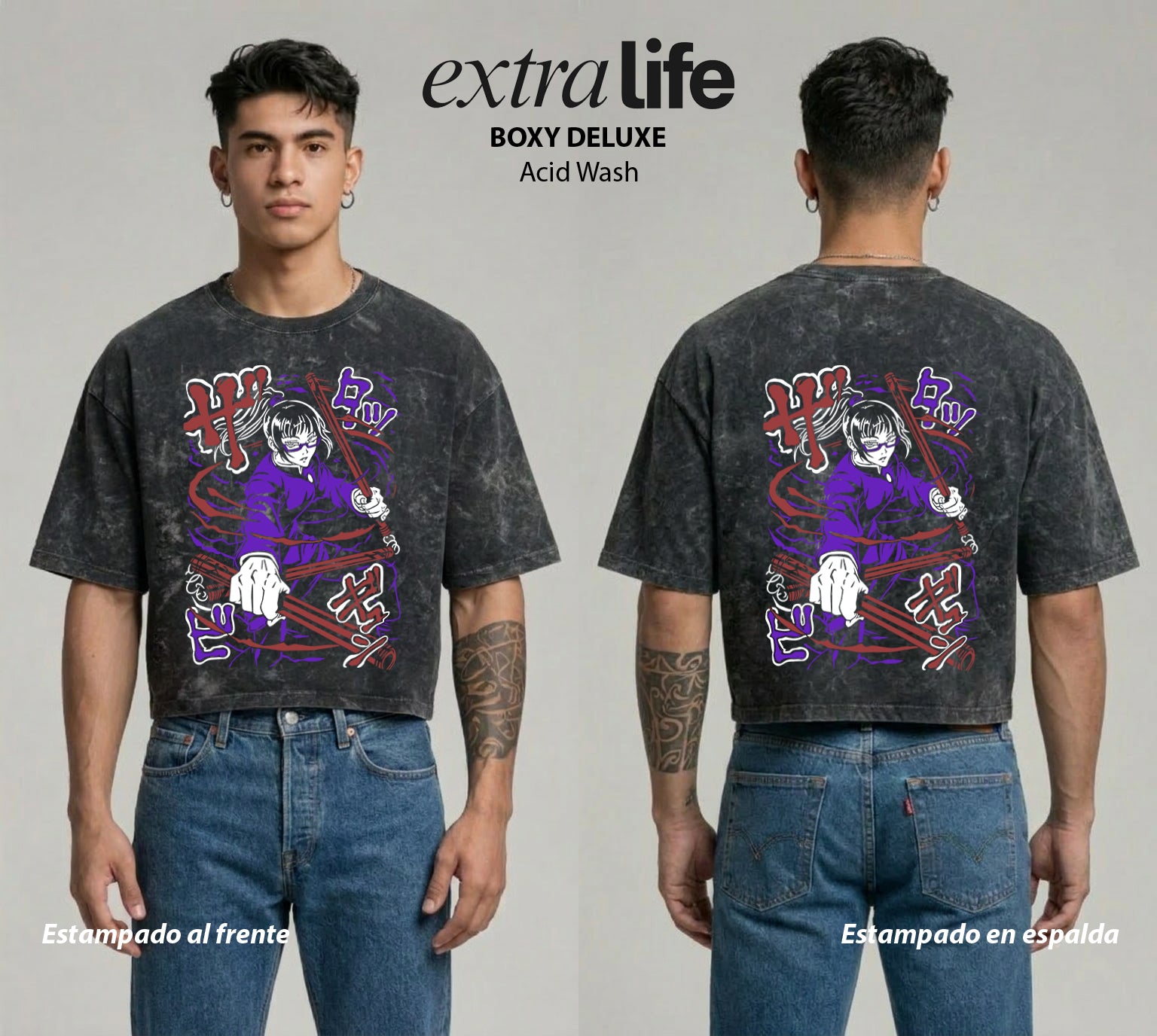 Playera streetwear premium de anime y gaming ExtraLife MX, corte boxy deluxe mineral wash heavyweight en color Acid Wash, moda urbana mexicana de culto.