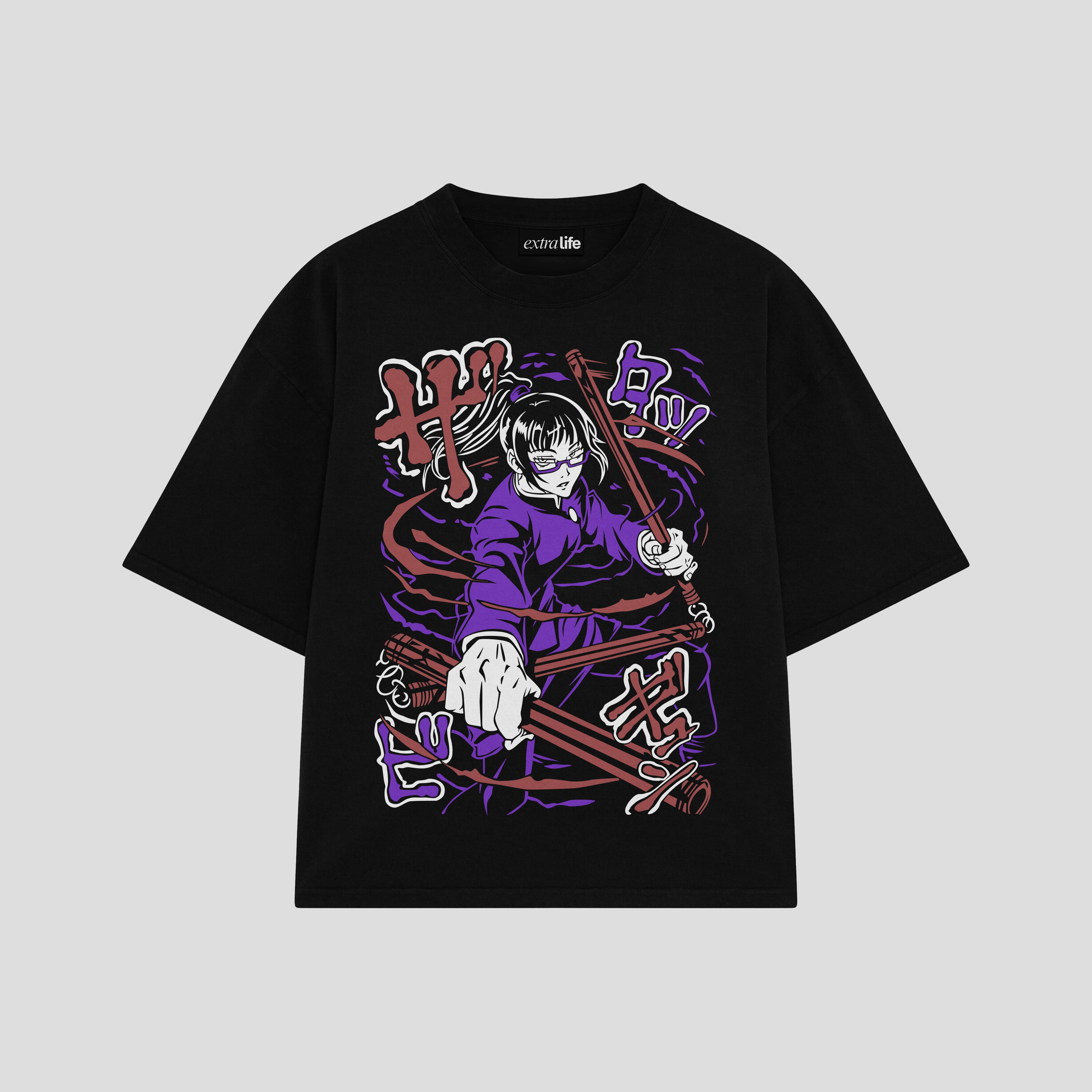 Playera streetwear premium de anime y gaming ExtraLife MX, corte boxy oversized drop shoulder heavyweight en color Deep Black y Off-White, moda urbana mexicana de culto.