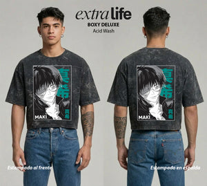 Playera streetwear premium de anime y gaming ExtraLife MX, corte boxy deluxe mineral wash heavyweight en color Acid Wash, moda urbana mexicana de culto.