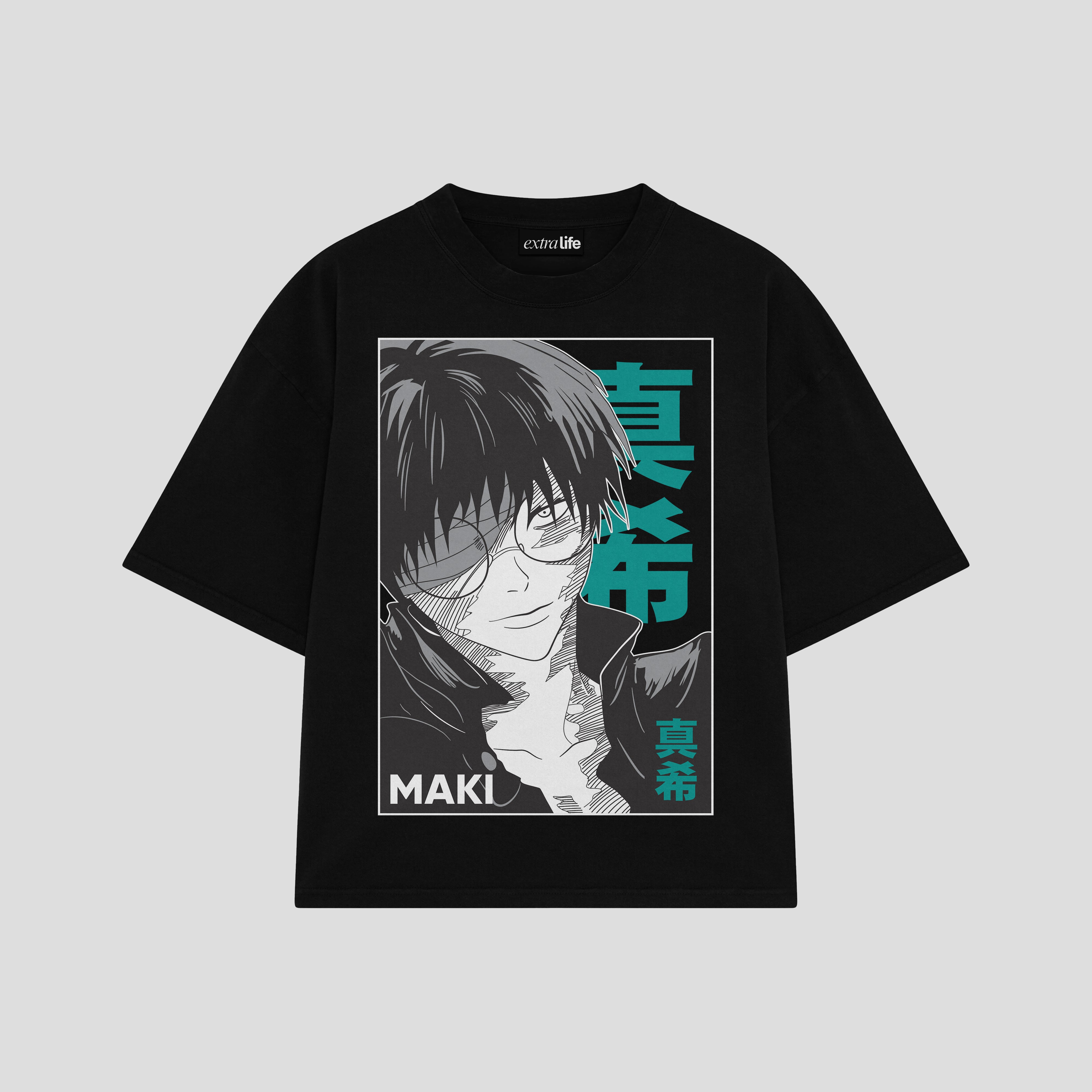 Playera streetwear premium de anime y gaming ExtraLife MX, corte boxy oversized drop shoulder heavyweight en color Deep Black y Off-White, moda urbana mexicana de culto.