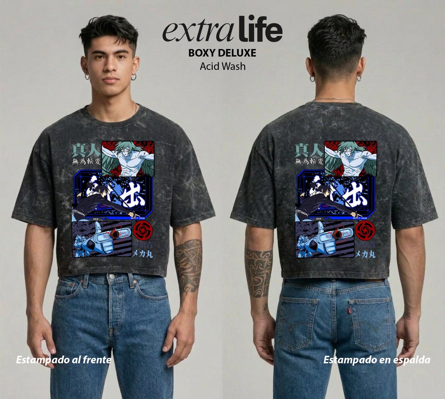 Playera streetwear premium de anime y gaming ExtraLife MX, corte boxy deluxe mineral wash heavyweight en color Acid Wash, moda urbana mexicana de culto.