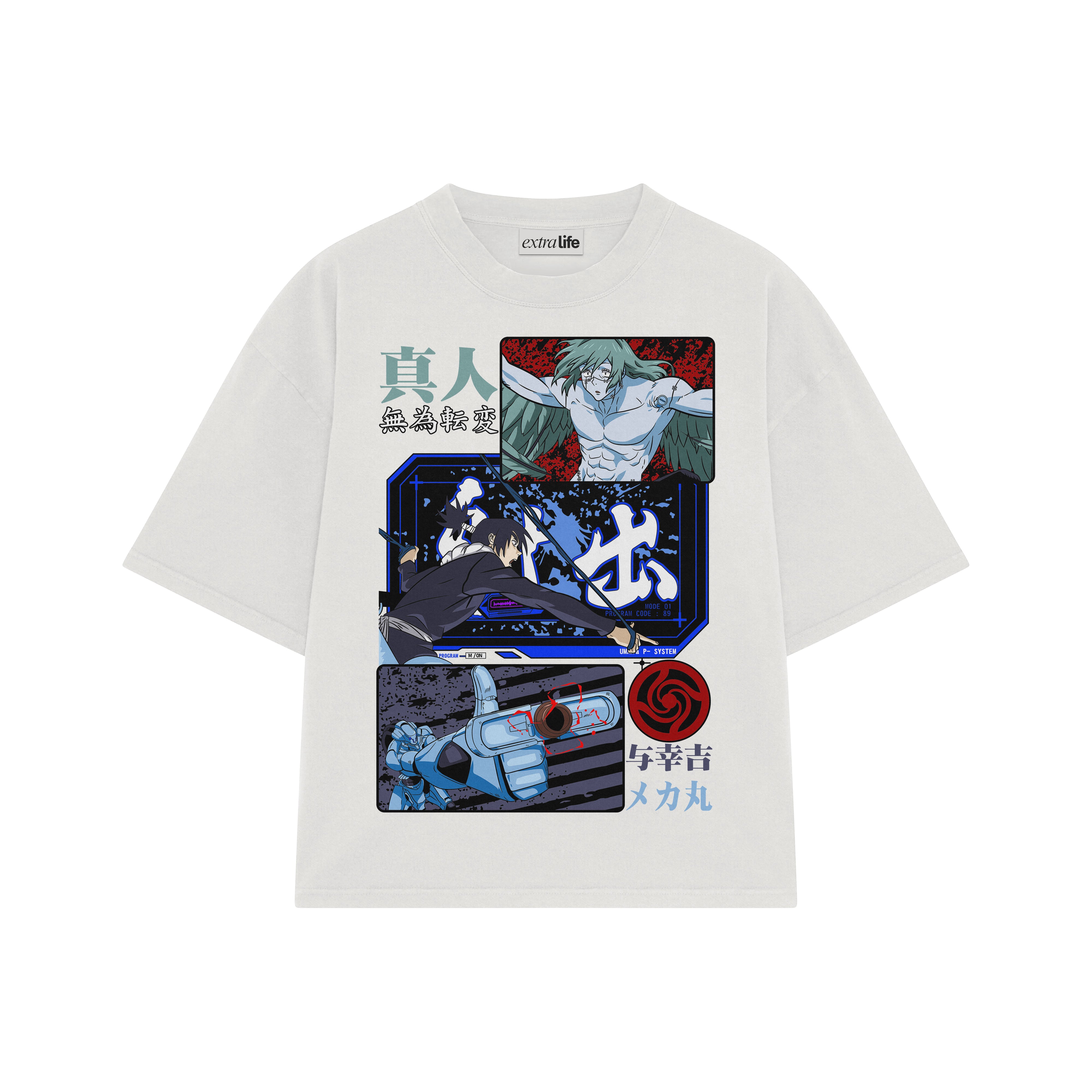 Playera streetwear premium de anime y gaming ExtraLife MX, corte boxy oversized drop shoulder heavyweight en color Deep Black y Off-White, moda urbana mexicana de culto.
