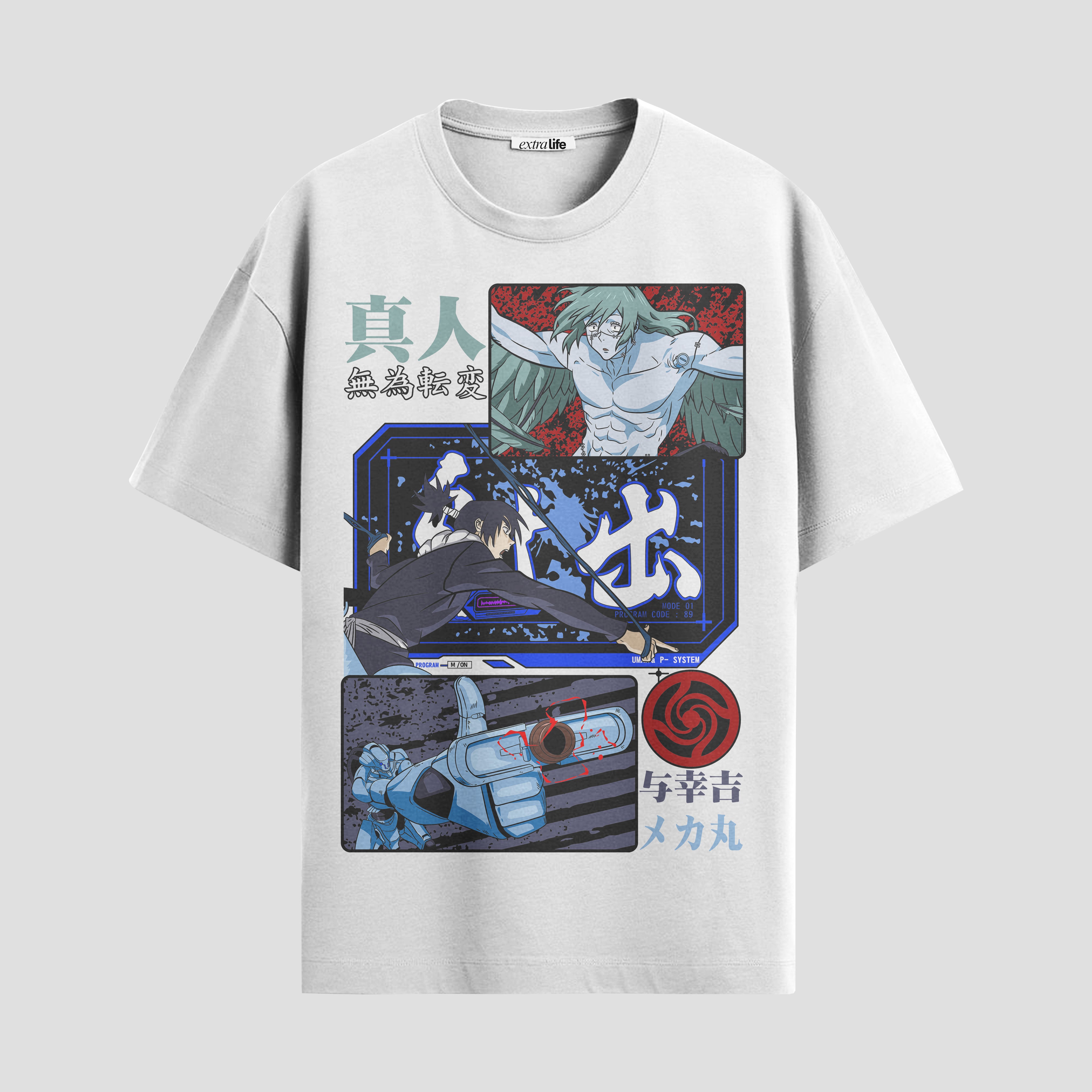 Playera urbana de anime y gaming ExtraLife MX, corte Standard Fit unisex ligero y transpirable en color Deep Black y Pure White, ropa de uso diario para gym y casual.