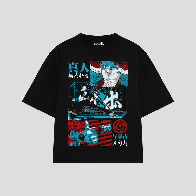 Playera streetwear premium de anime y gaming ExtraLife MX, corte boxy oversized drop shoulder heavyweight en color Deep Black y Off-White, moda urbana mexicana de culto.