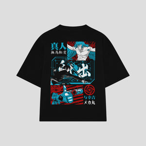 Playera streetwear premium de anime y gaming ExtraLife MX, corte boxy oversized drop shoulder heavyweight en color Deep Black y Off-White, moda urbana mexicana de culto.