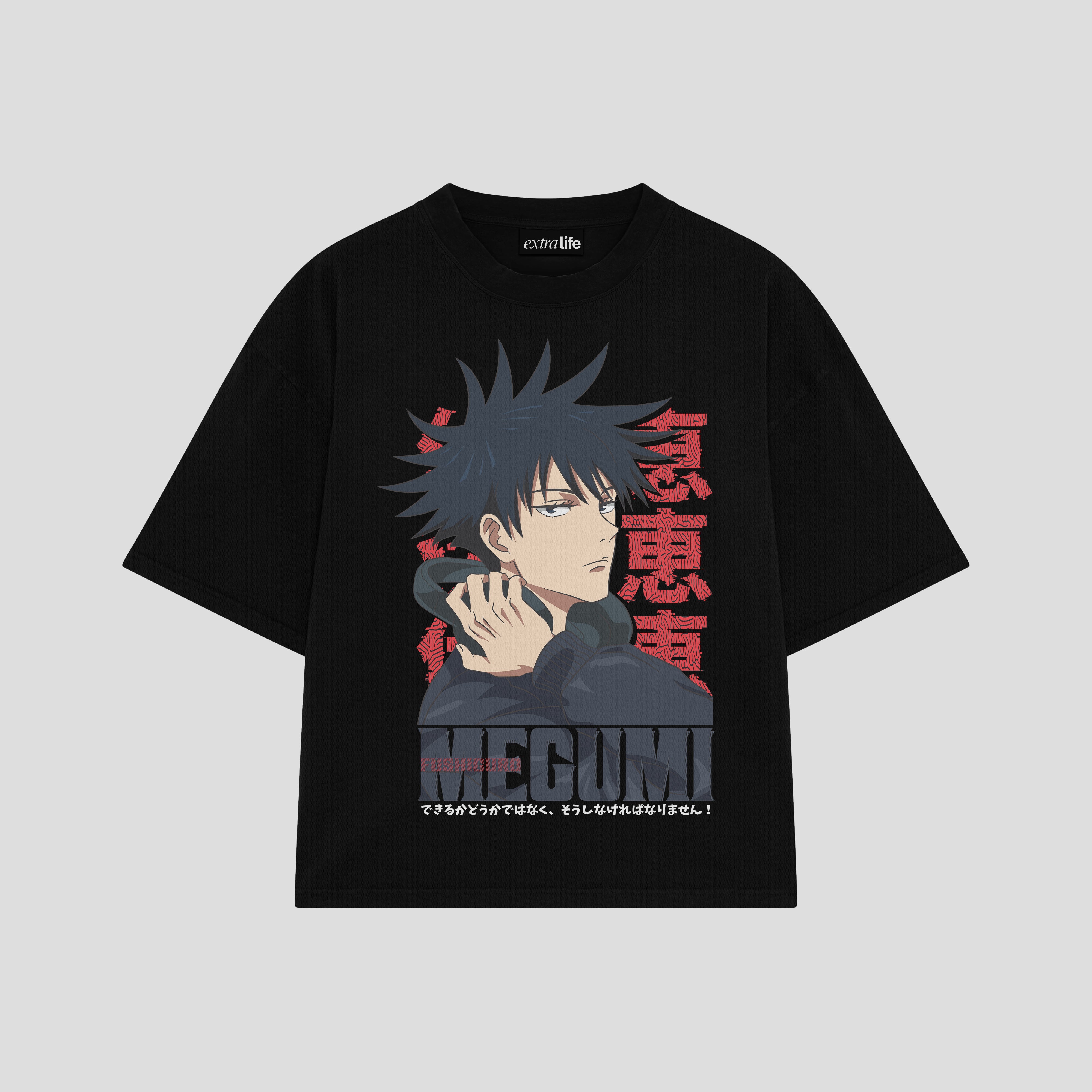 Playera streetwear premium de anime y gaming ExtraLife MX, corte boxy oversized drop shoulder heavyweight en color Deep Black y Off-White, moda urbana mexicana de culto.