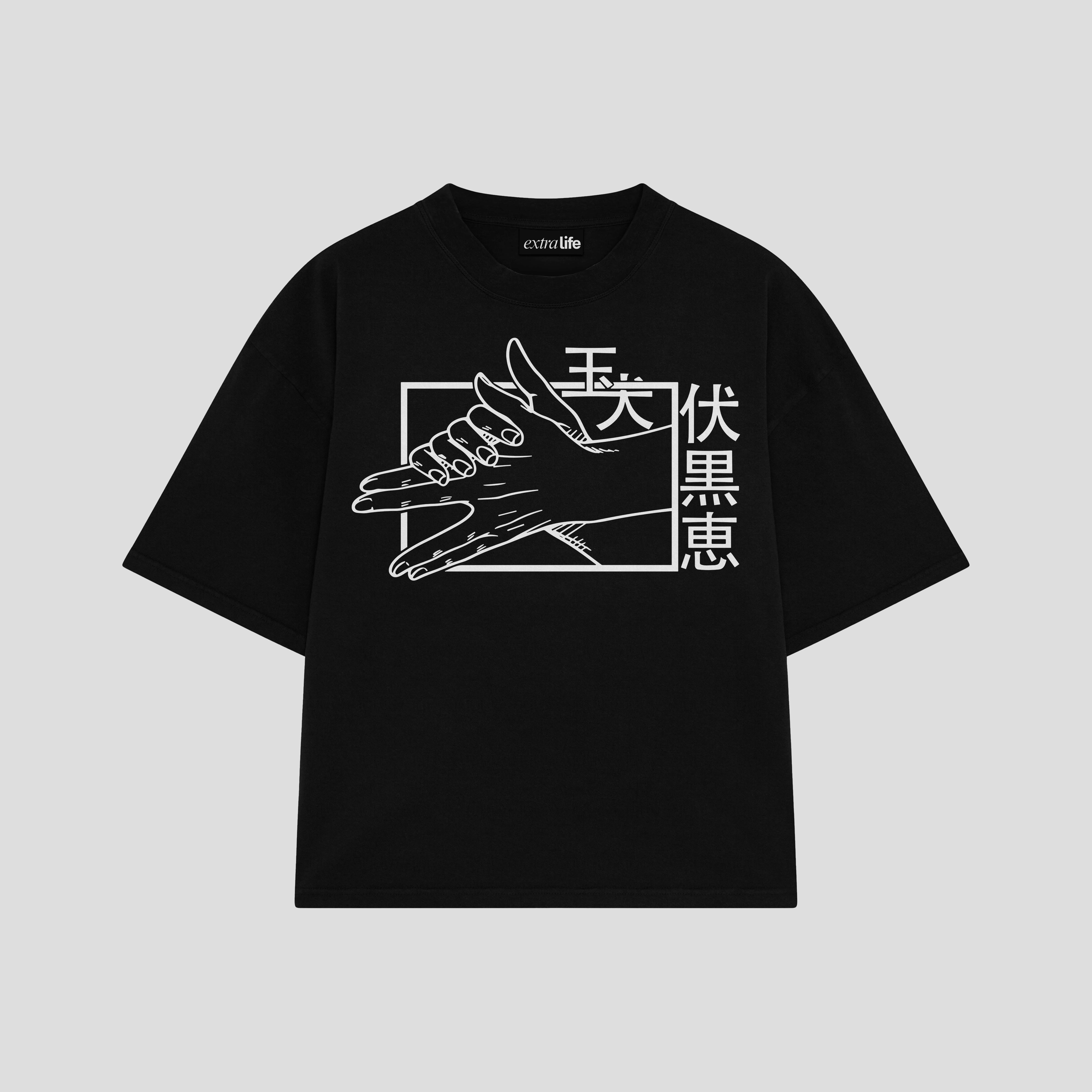 Playera streetwear premium de anime y gaming ExtraLife MX, corte boxy oversized drop shoulder heavyweight en color Deep Black y Off-White, moda urbana mexicana de culto.