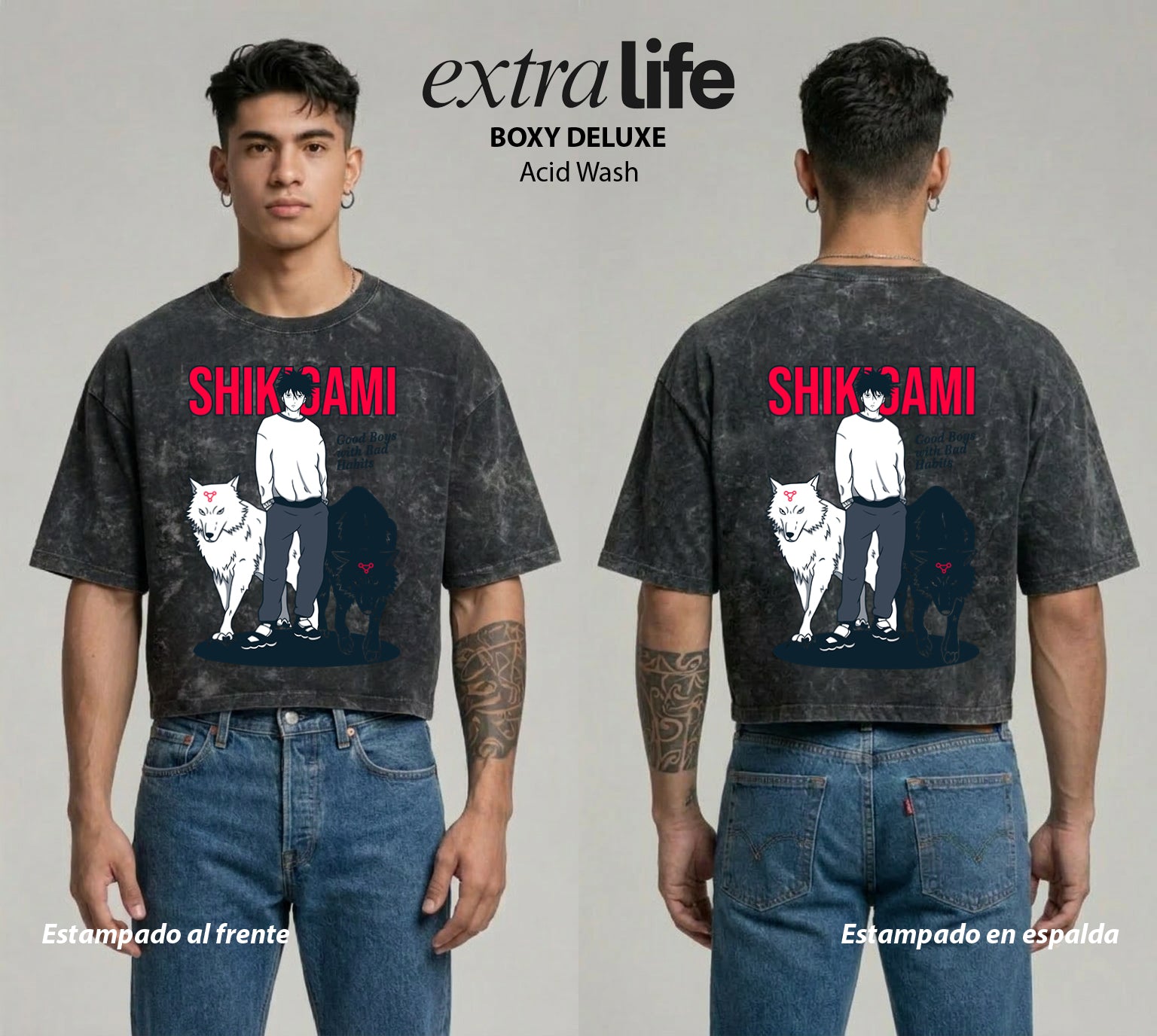 Playera streetwear premium de anime y gaming ExtraLife MX, corte boxy deluxe mineral wash heavyweight en color Acid Wash, moda urbana mexicana de culto.
