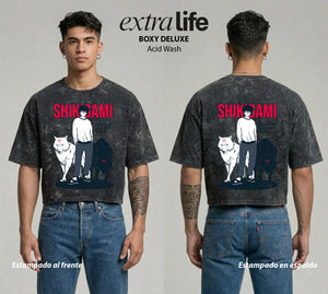 Playera streetwear premium de anime y gaming ExtraLife MX, corte boxy deluxe mineral wash heavyweight en color Acid Wash, moda urbana mexicana de culto.