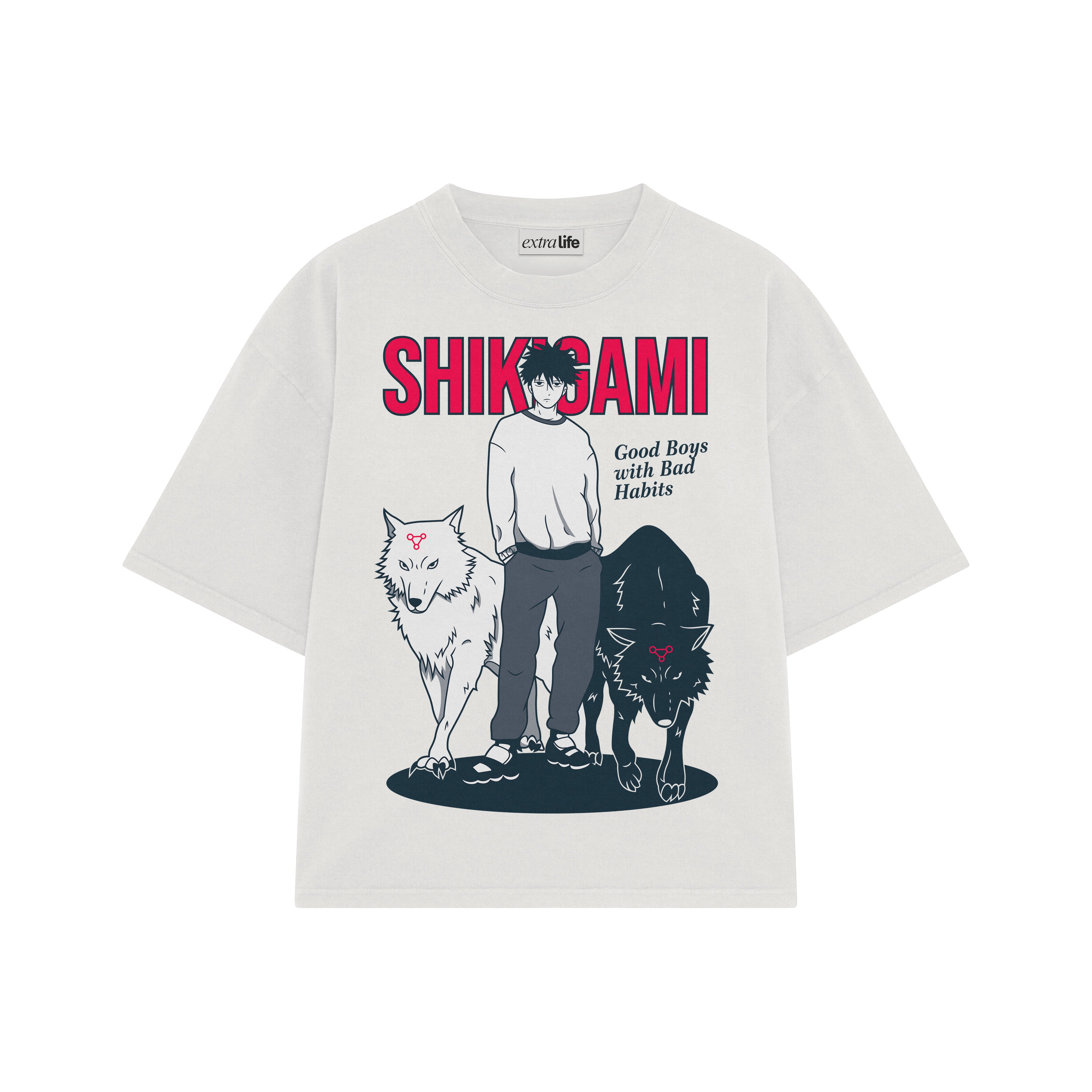 Playera streetwear premium de anime y gaming ExtraLife MX, corte boxy oversized drop shoulder heavyweight en color Deep Black y Off-White, moda urbana mexicana de culto.