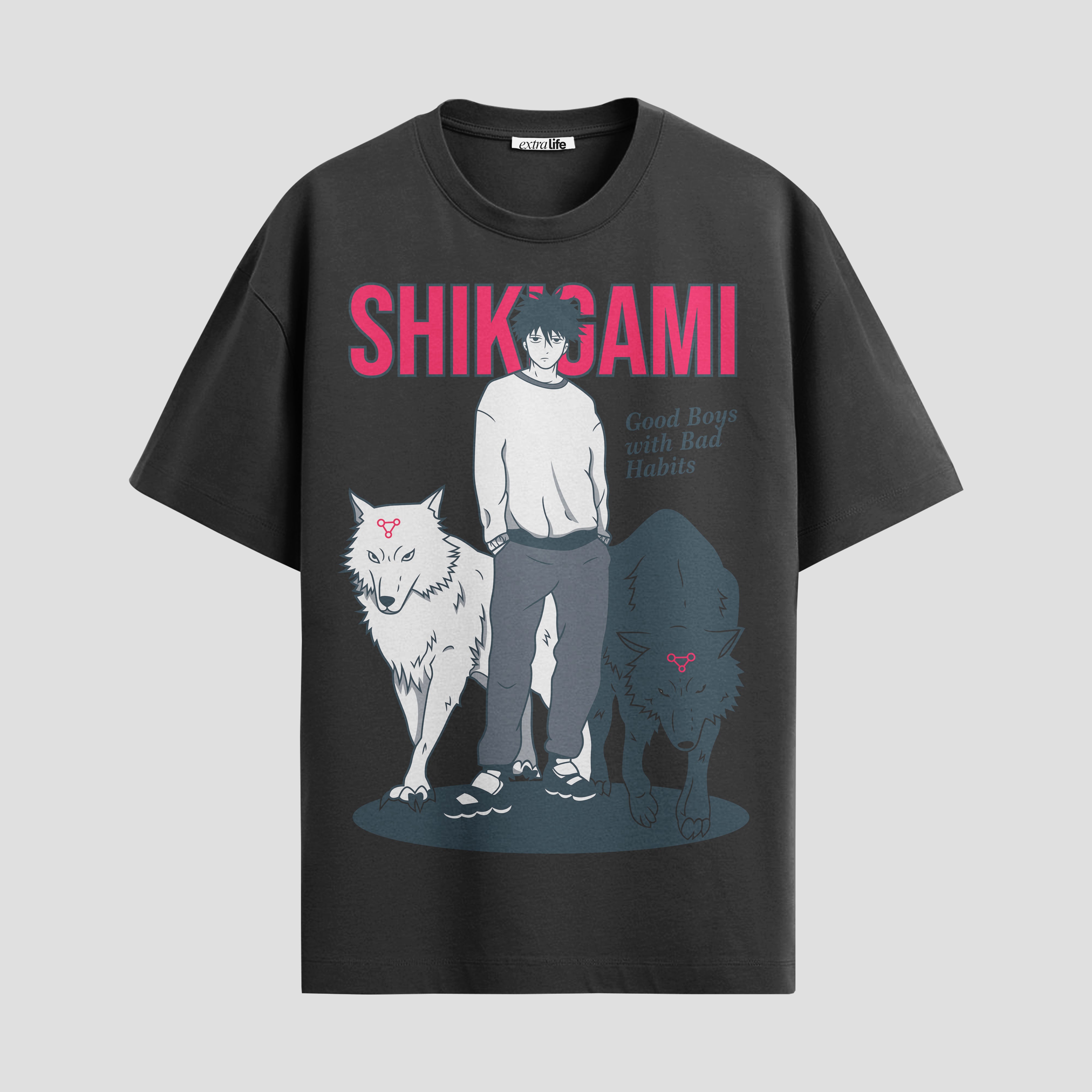 Playera urbana de anime y gaming ExtraLife MX, corte Standard Fit unisex ligero y transpirable en color Deep Black y Pure White, ropa de uso diario para gym y casual.