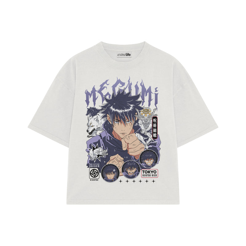 Playera streetwear premium de anime y gaming ExtraLife MX, corte boxy oversized drop shoulder heavyweight en color Deep Black y Off-White, moda urbana mexicana de culto.
