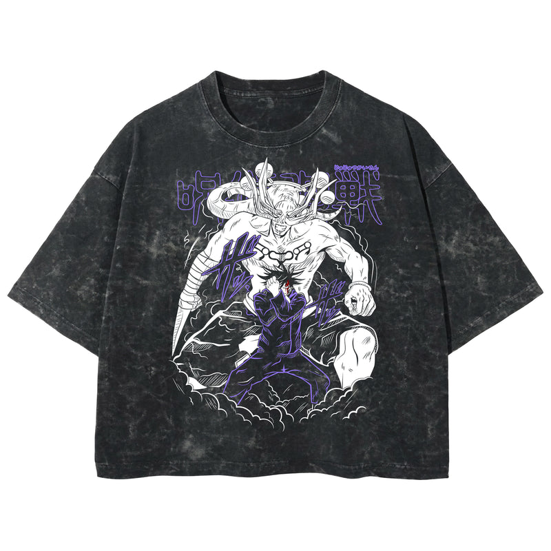 Playera streetwear premium de anime y gaming ExtraLife MX, corte boxy deluxe mineral wash heavyweight en color Acid Wash, moda urbana mexicana de culto.