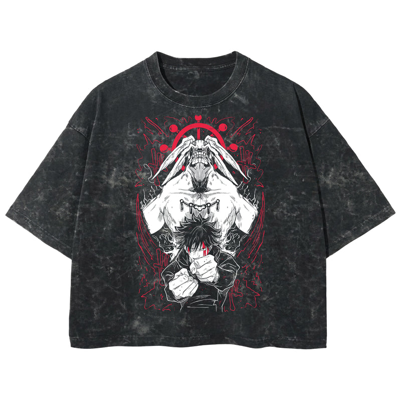 Playera streetwear premium de anime y gaming ExtraLife MX, corte boxy deluxe mineral wash heavyweight en color Acid Wash, moda urbana mexicana de culto.