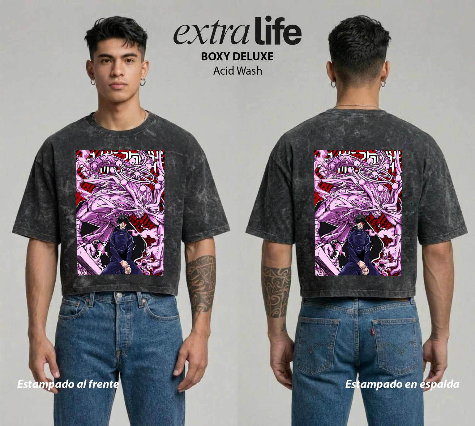 Playera streetwear premium de anime y gaming ExtraLife MX, corte boxy deluxe mineral wash heavyweight en color Acid Wash, moda urbana mexicana de culto.