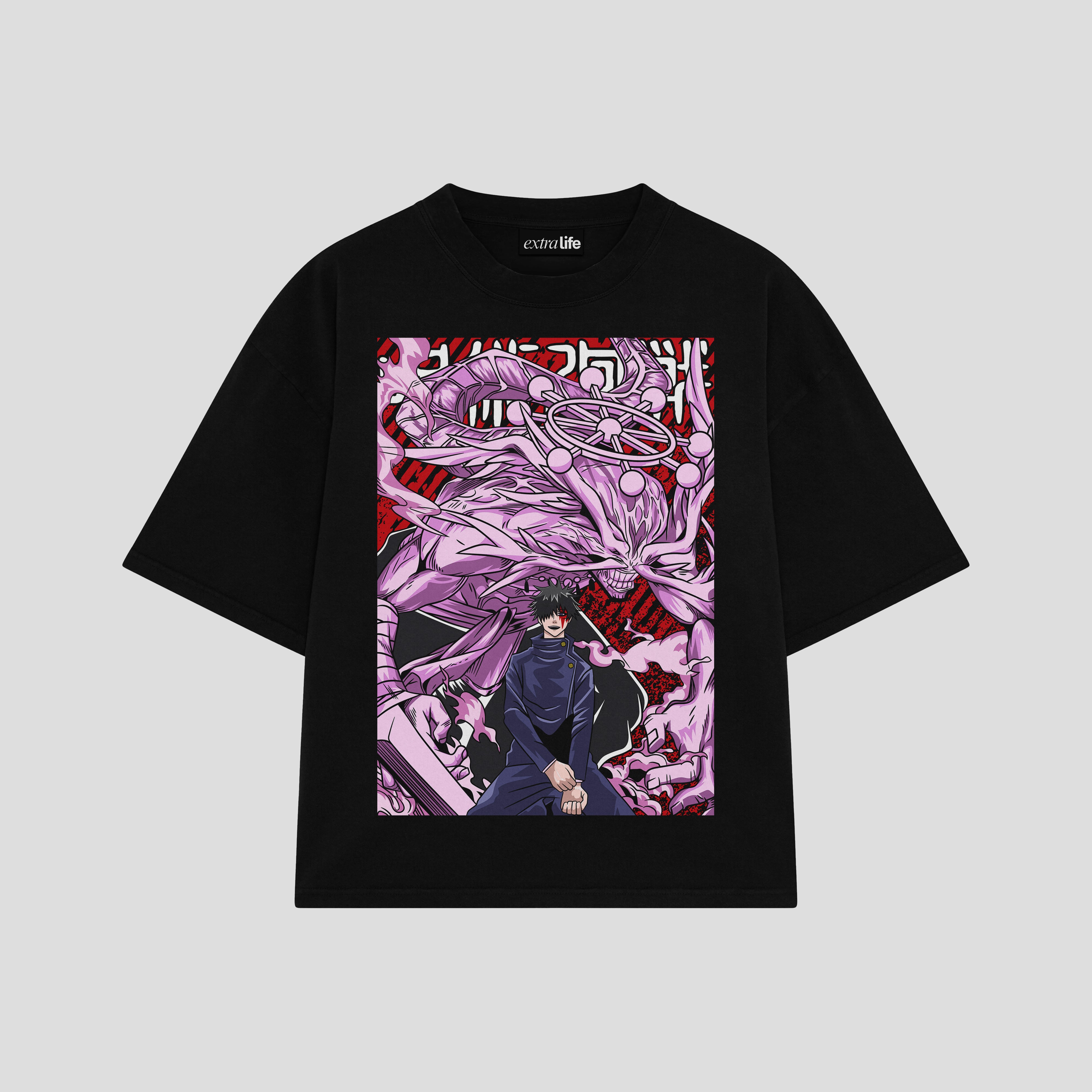 Playera streetwear premium de anime y gaming ExtraLife MX, corte boxy oversized drop shoulder heavyweight en color Deep Black y Off-White, moda urbana mexicana de culto.