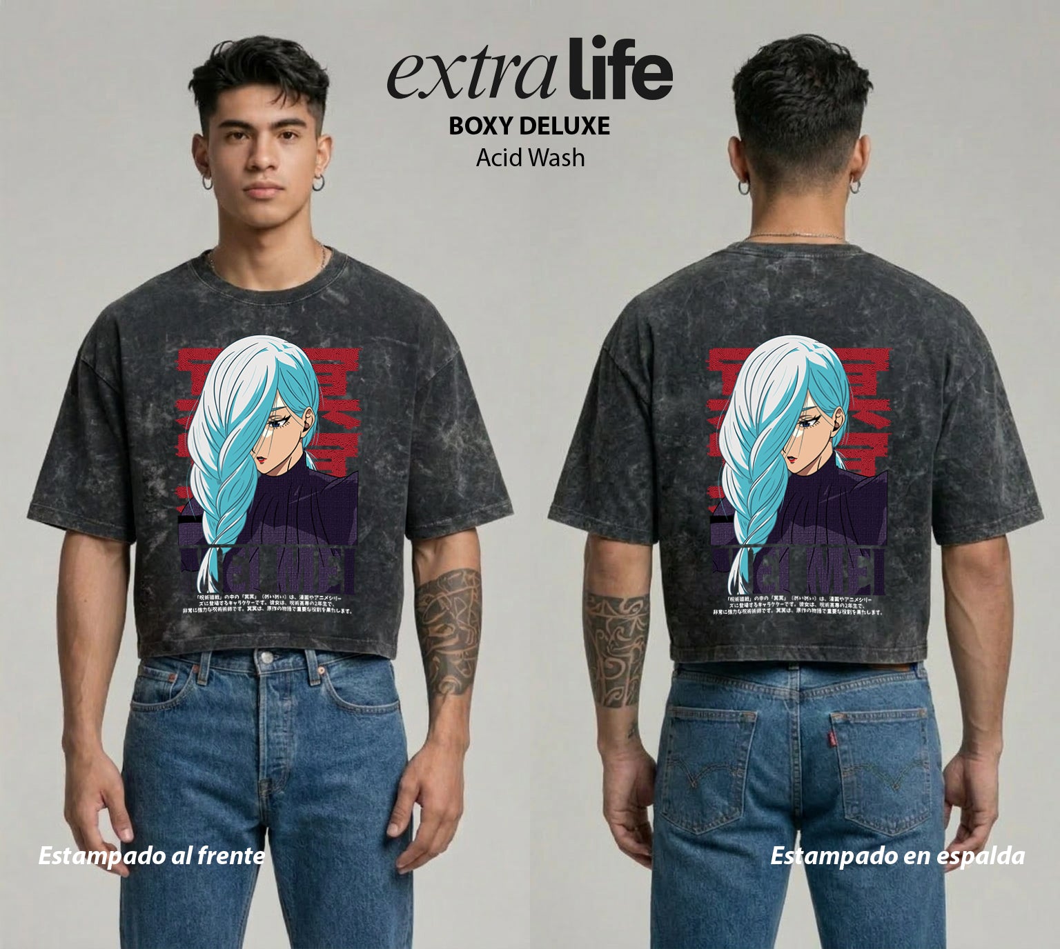 Playera streetwear premium de anime y gaming ExtraLife MX, corte boxy deluxe mineral wash heavyweight en color Acid Wash, moda urbana mexicana de culto.