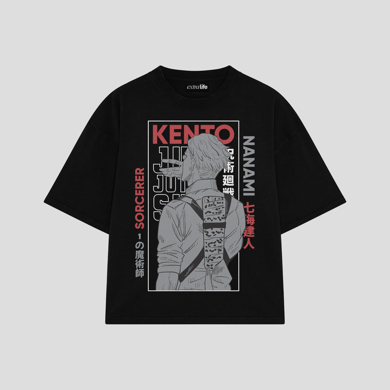 Playera streetwear premium de anime y gaming ExtraLife MX, corte boxy oversized drop shoulder heavyweight en color Deep Black y Off-White, moda urbana mexicana de culto.