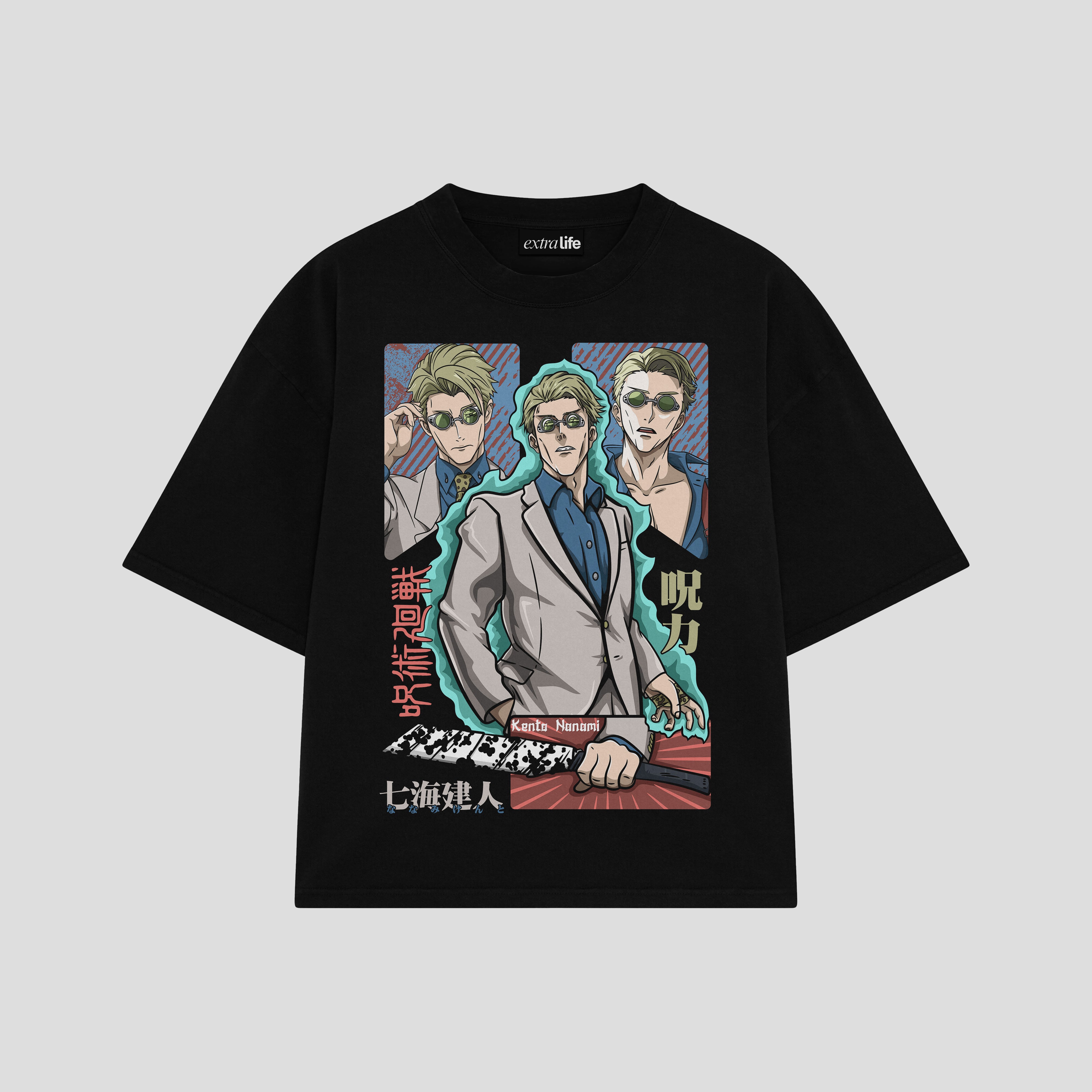 Playera streetwear premium de anime y gaming ExtraLife MX, corte boxy oversized drop shoulder heavyweight en color Deep Black y Off-White, moda urbana mexicana de culto.